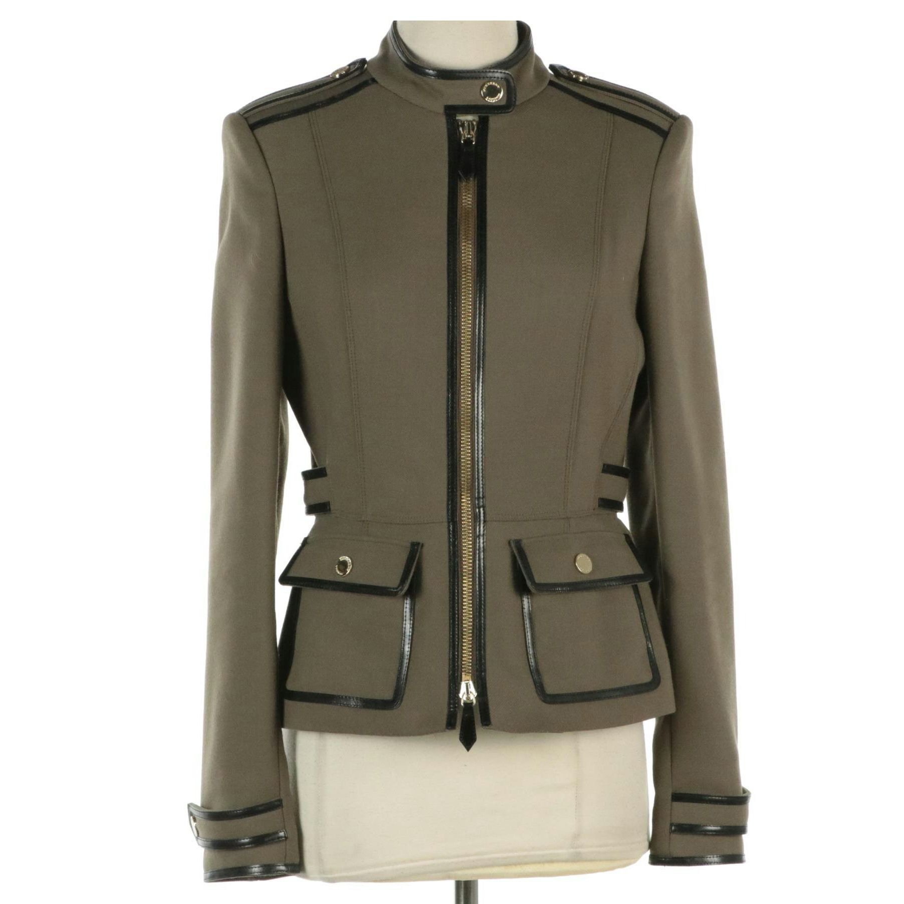 Burberry Zip Jacket in Polyester and Wool Blend with Leather Trim