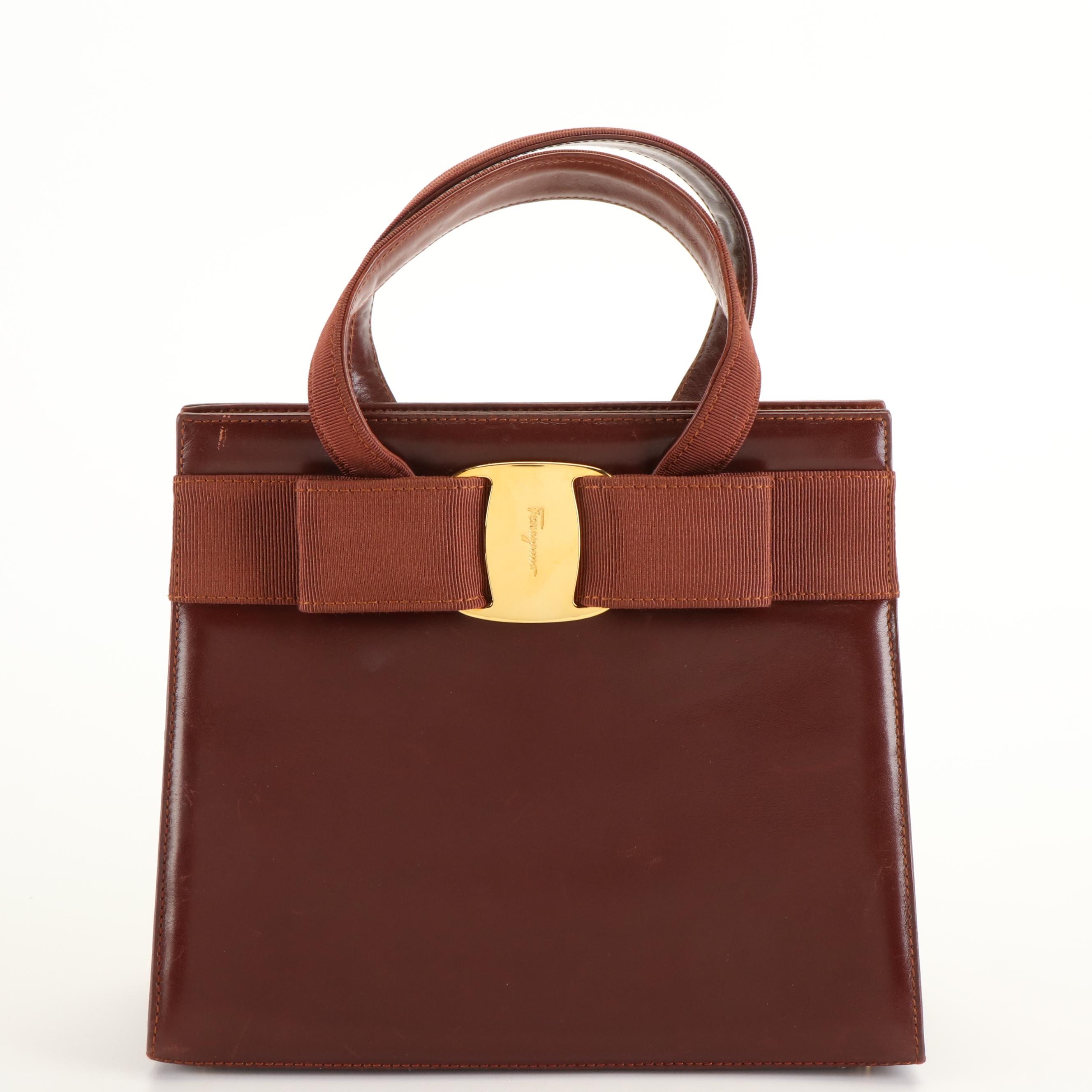 Salvatore Ferragamo Vara Top Handle Bag in Brown Leather and Grosgrain