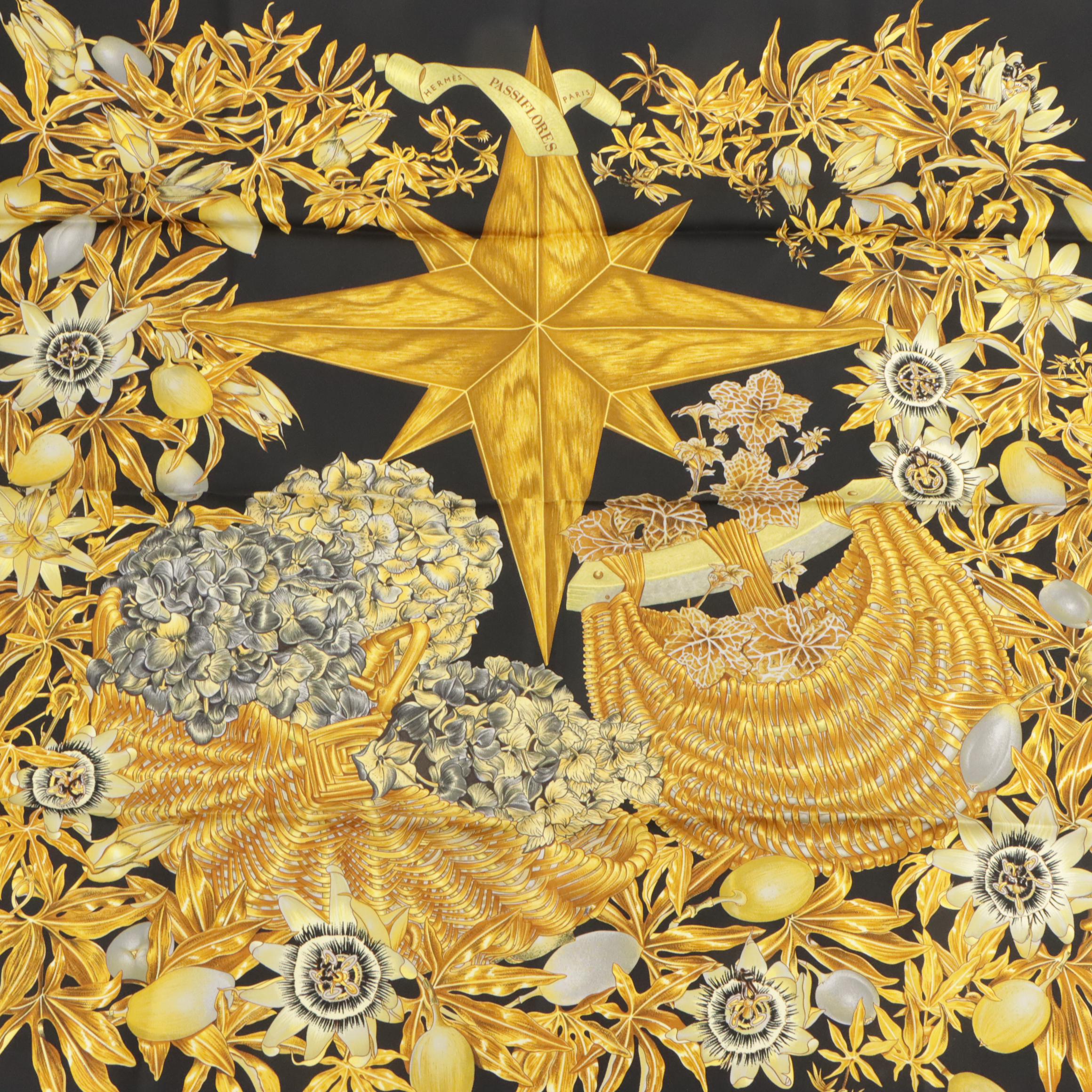 Hermès "Passiflores" Scarf 90 in Silk Twill with Box