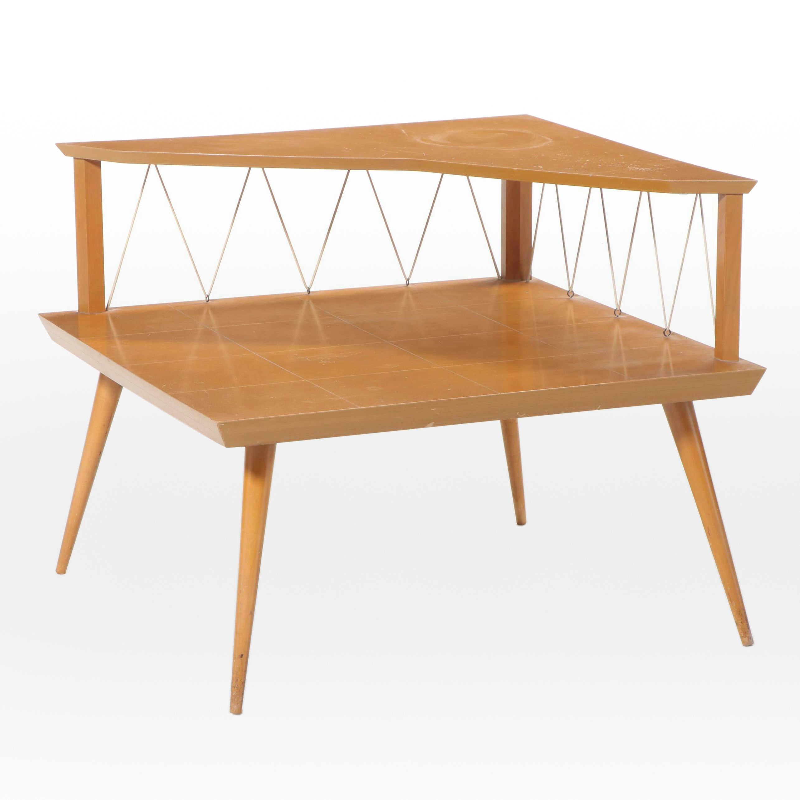 Mid Century Modern Maple and Vinyl Cord Two-Tier Corner Table
