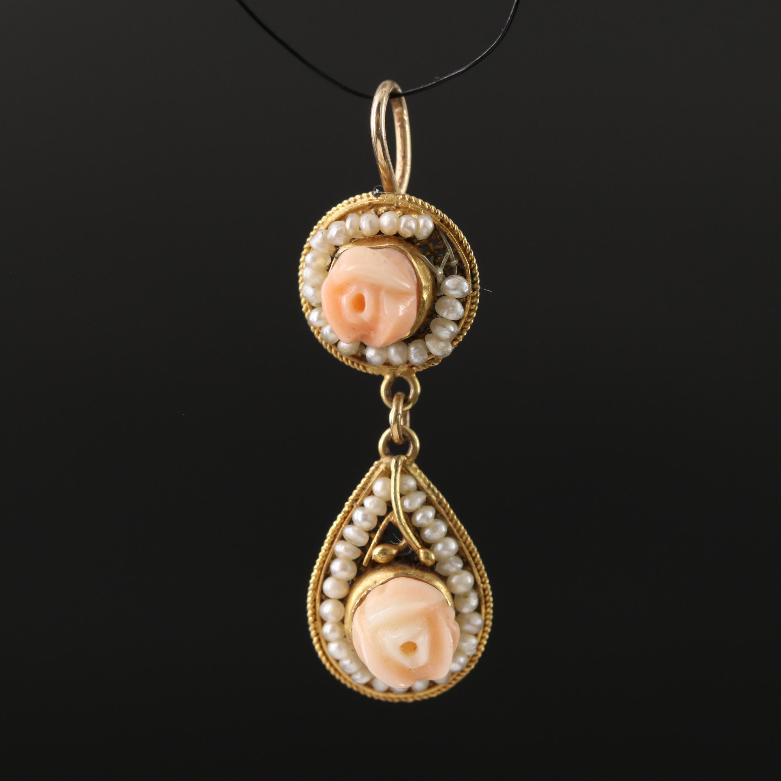 Vintage 10K Coral and Seed Pearl Pendant