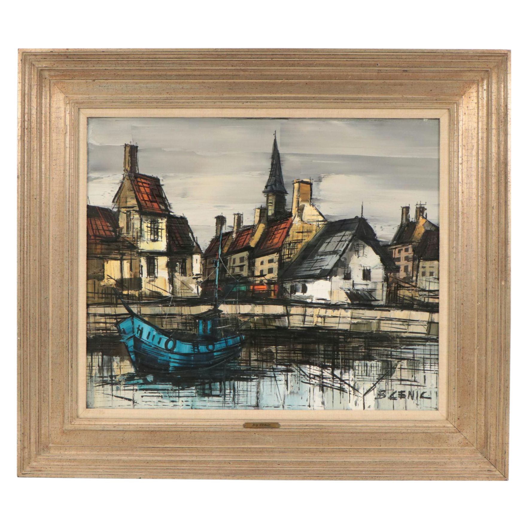 Boris Cenic Modernist Cityscape Oil Painting Along Waterside Edge