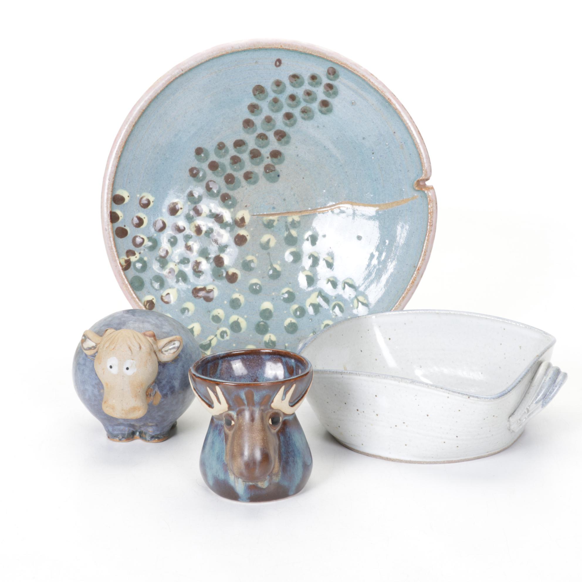 Moose Egg Separator Mug and Ceramic Blue Cow in Set of Stoneware Pottery