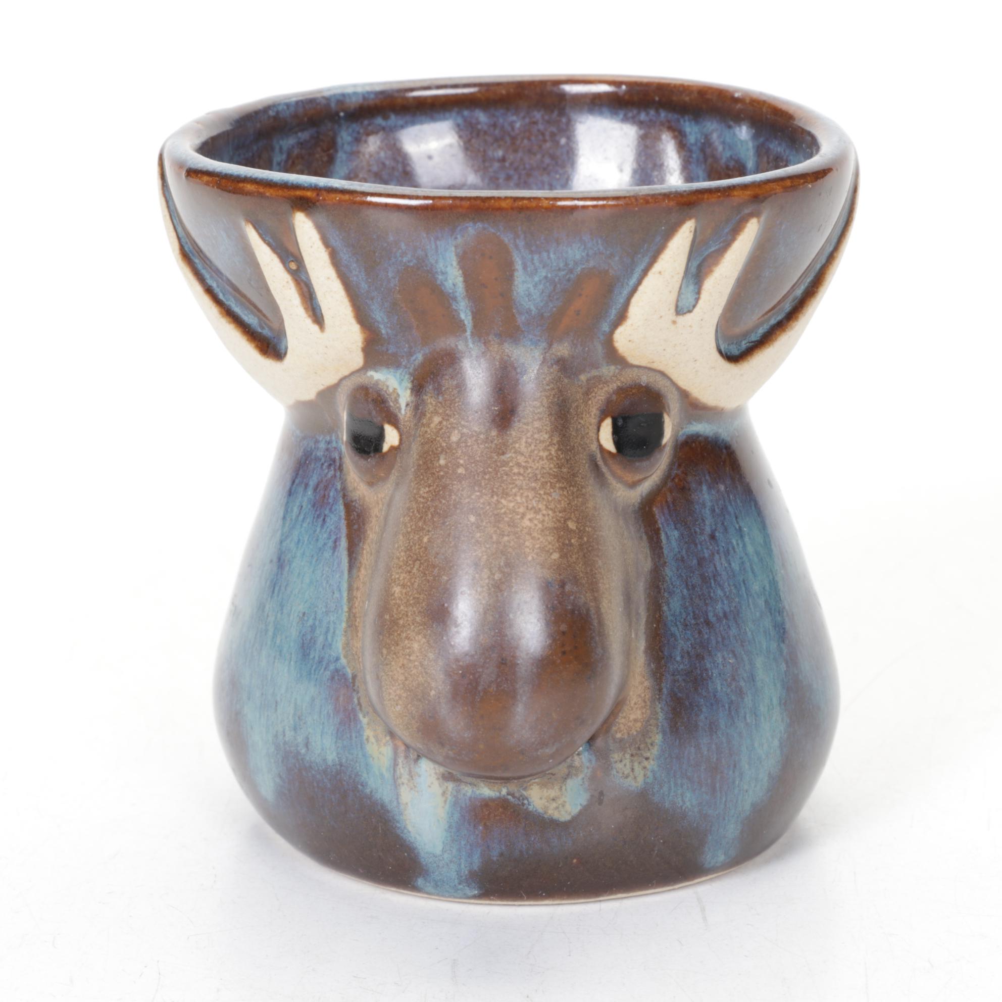 Moose Egg Separator Mug and Ceramic Blue Cow in Set of Stoneware Pottery