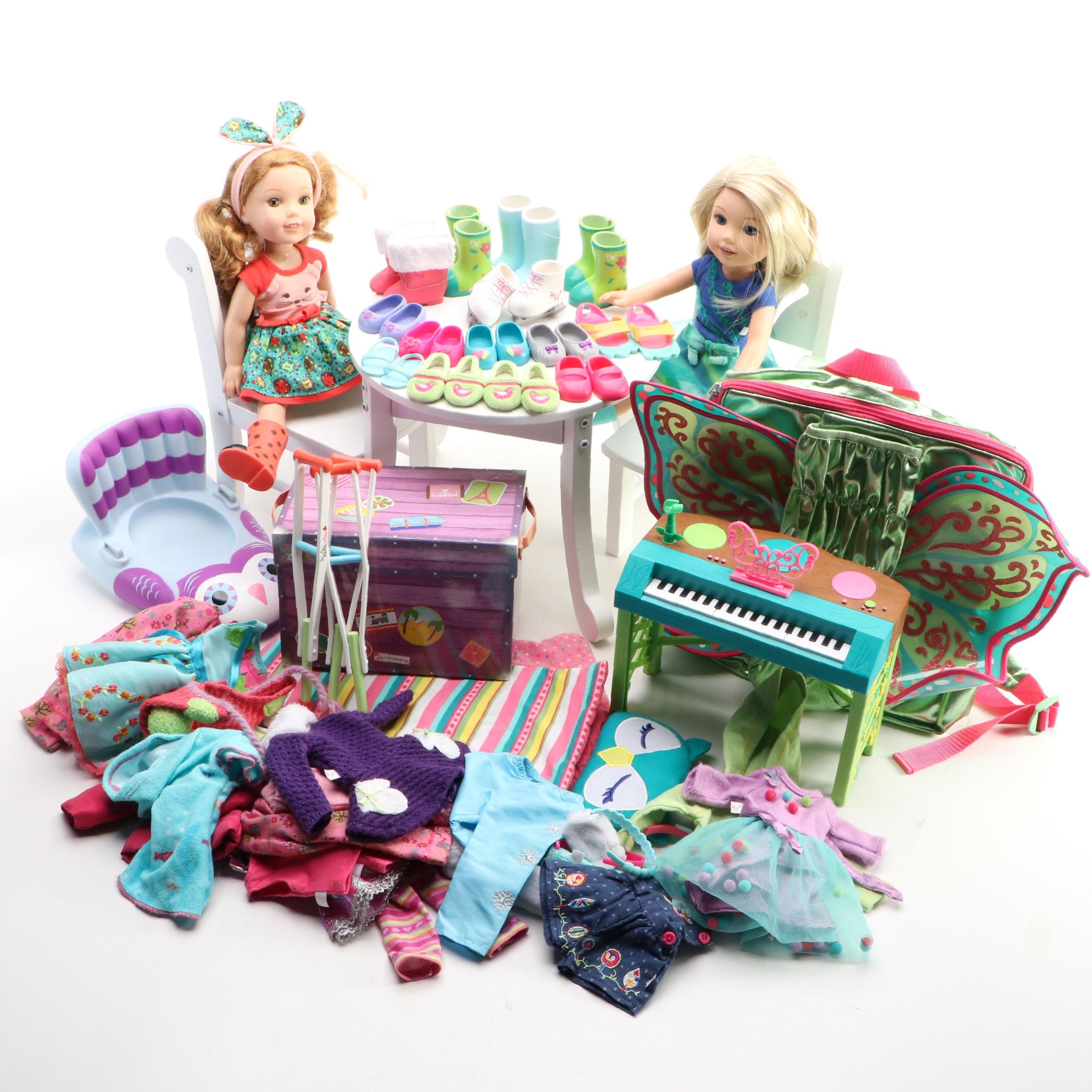 American Girl Dolls with Furniture, Steamer Trunk, Piano and More