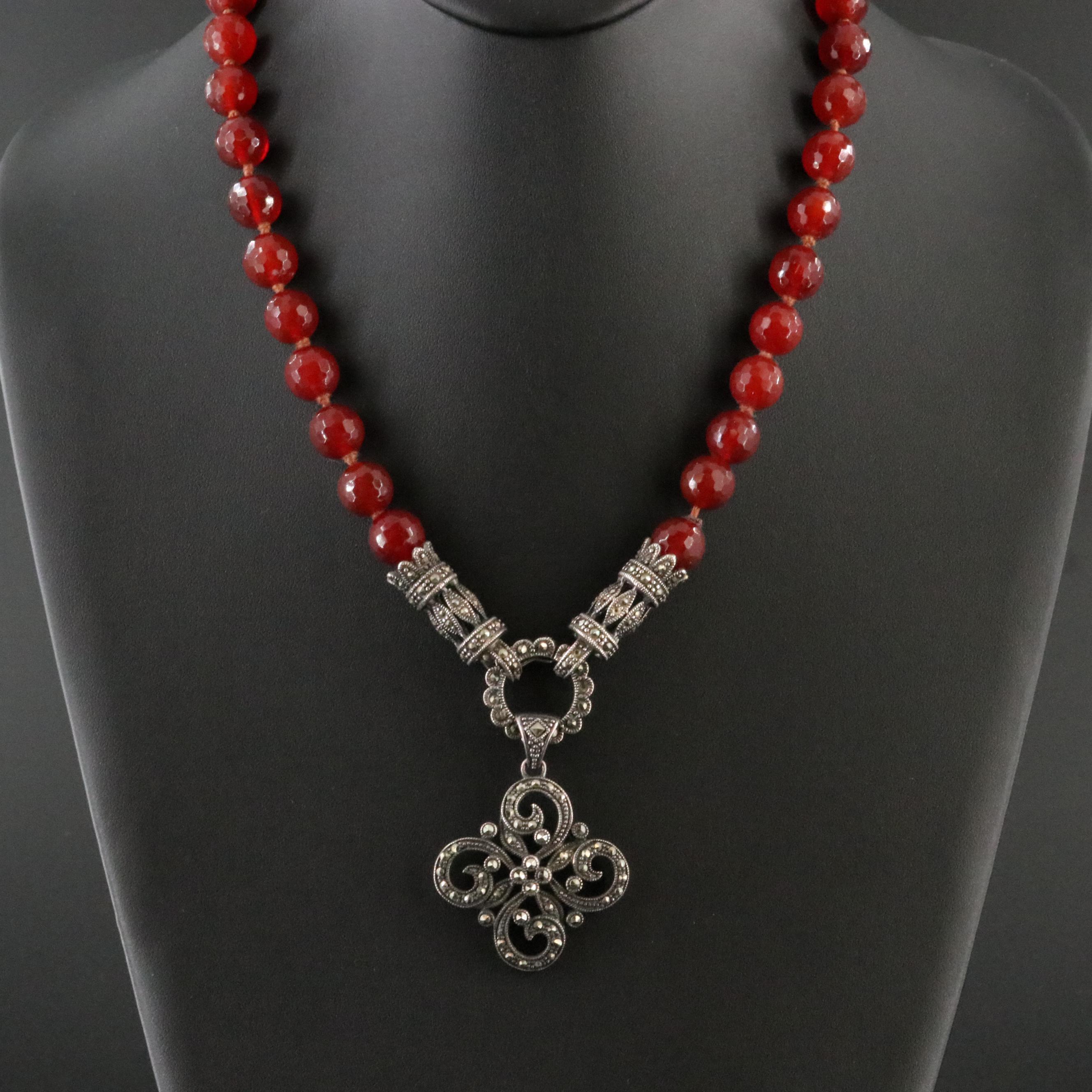 Sterling Carnelian and Marcasite Pendant Necklace