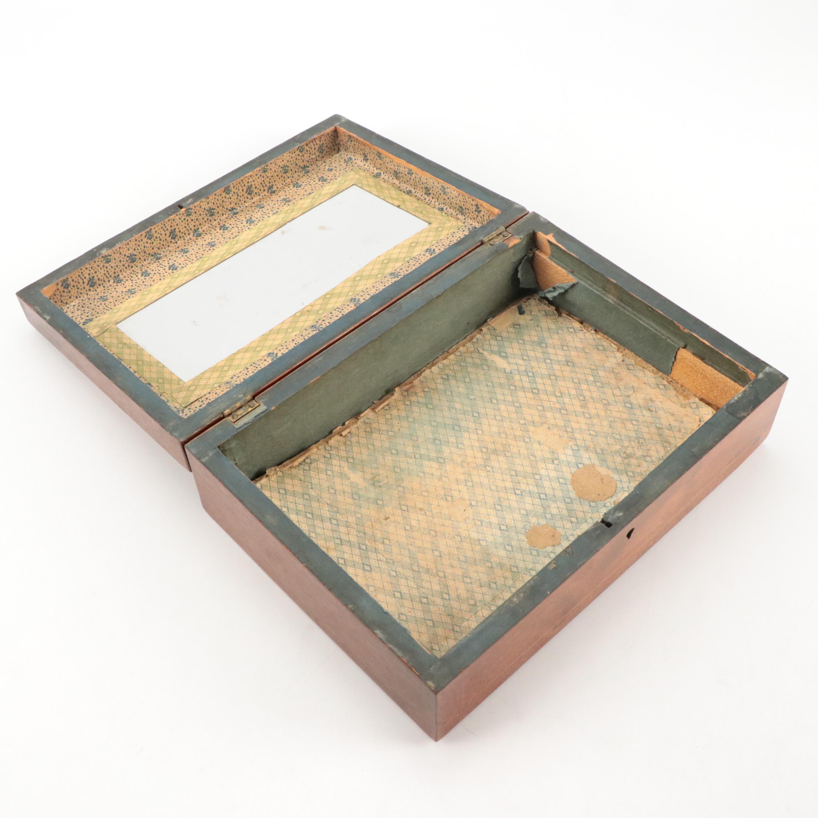 Shaker Style Mahogany and Mixed Wood Inlaid Jewelry Box, 19th Century