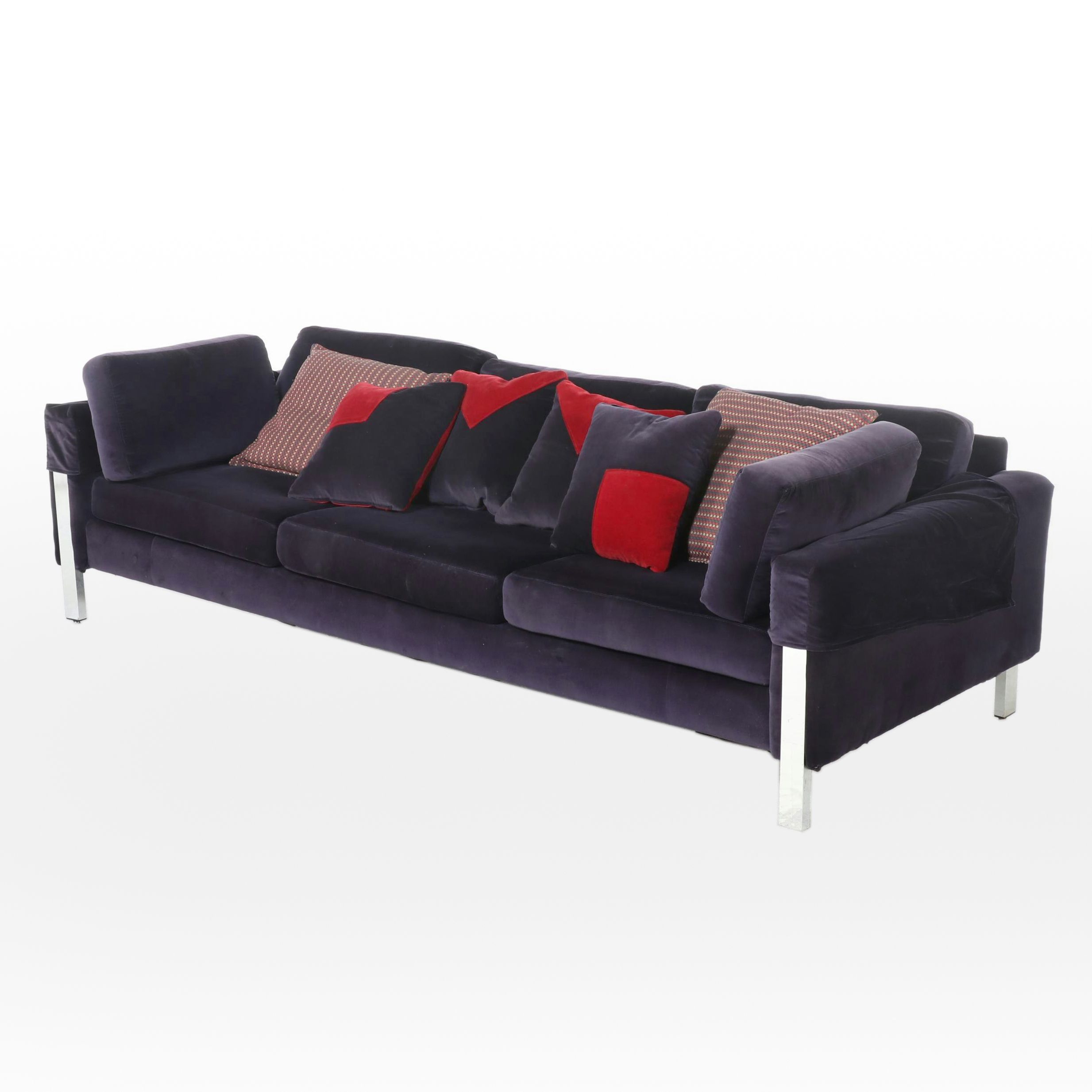Modernist Chrome and Blue Velvet Sofa, Manner of Milo Baughman
