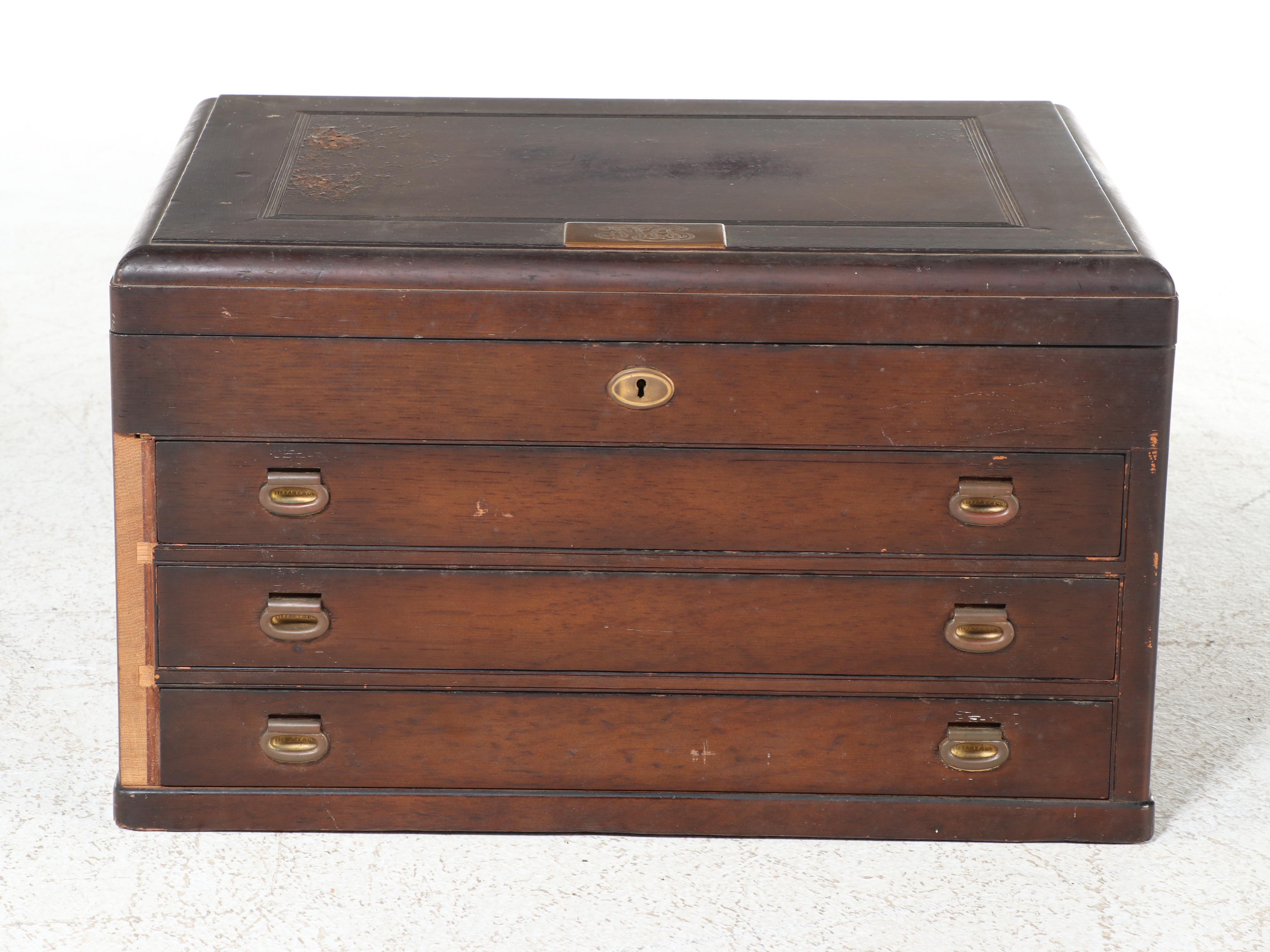 Tiffany & Co. Oak and Burlwood Three-Drawer Silver Chest, Early 20th Century