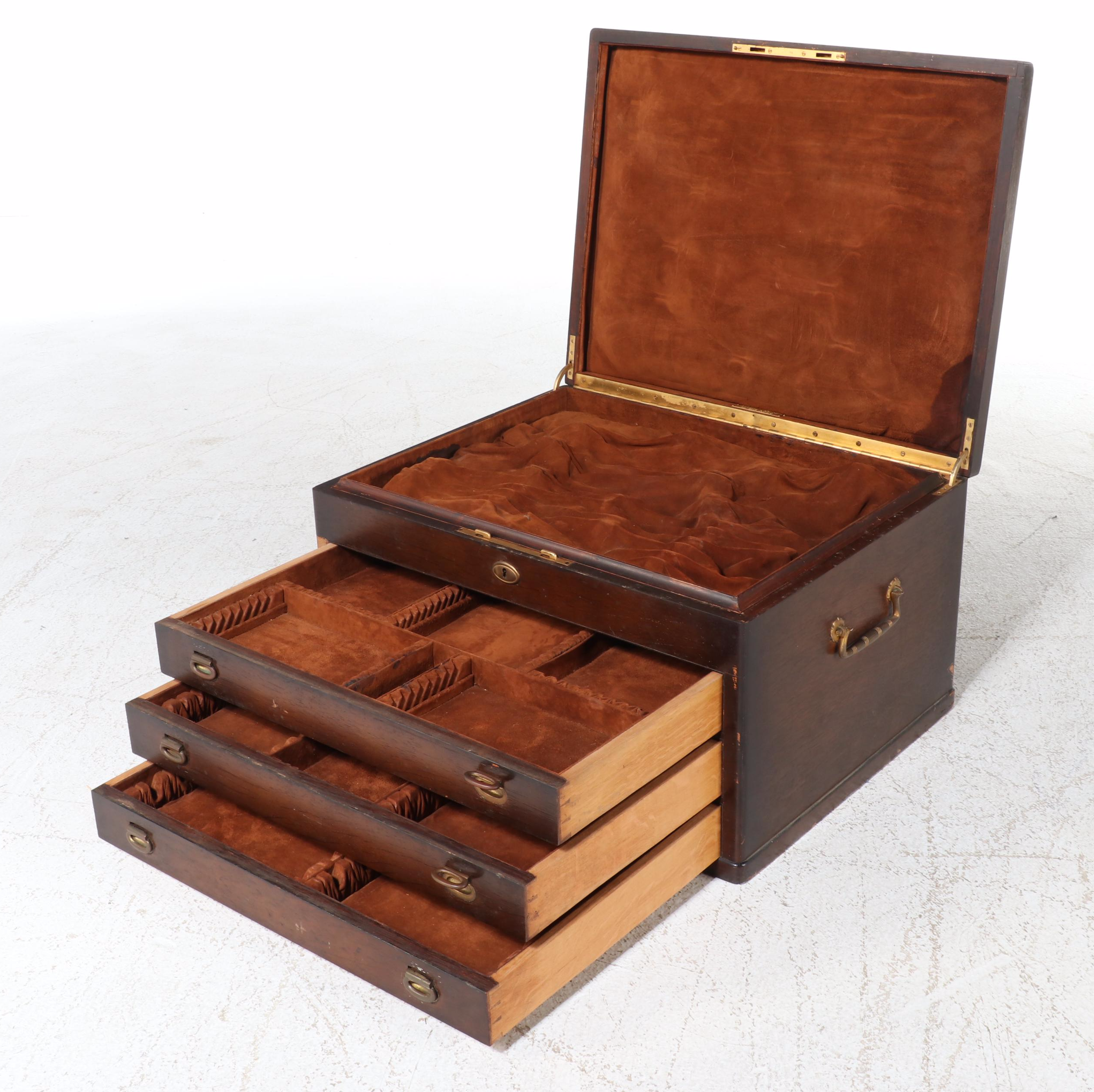 Tiffany & Co. Oak and Burlwood Three-Drawer Silver Chest, Early 20th Century