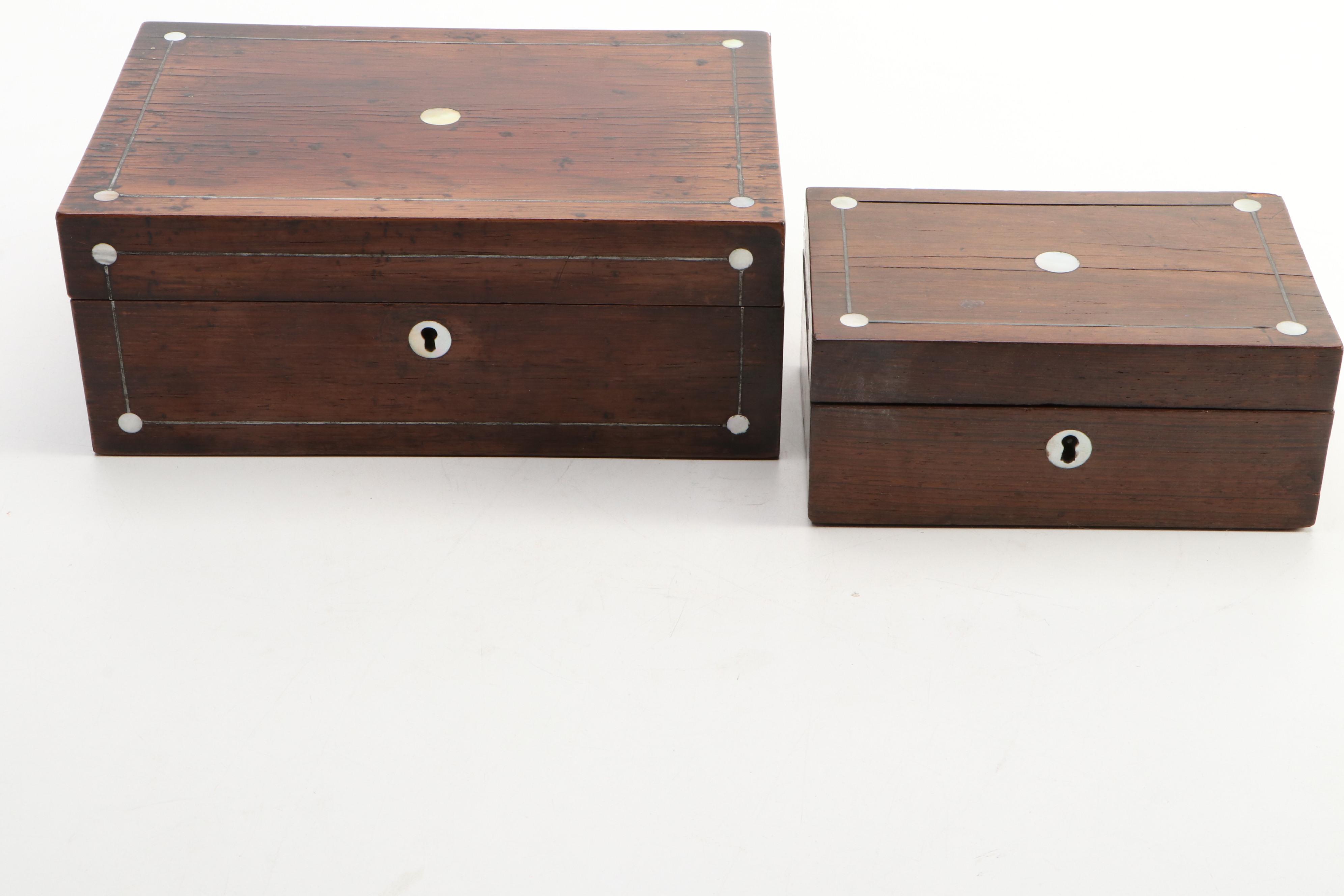 English Victorian Rosewood and Mother-of-Pearl Inlay Boxes, Mid to Late 19th C.