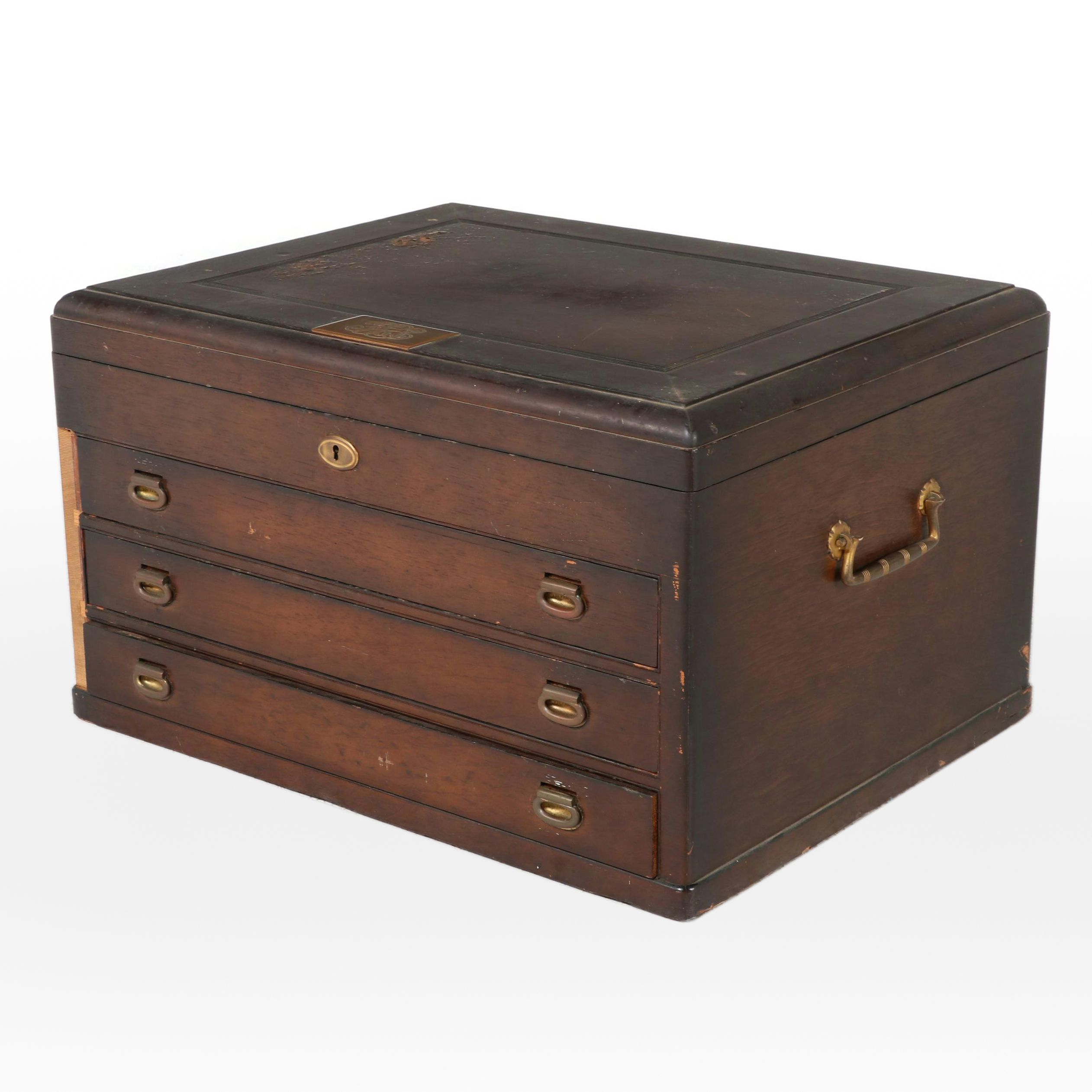 Tiffany & Co. Oak and Burlwood Three-Drawer Silver Chest, Early 20th Century
