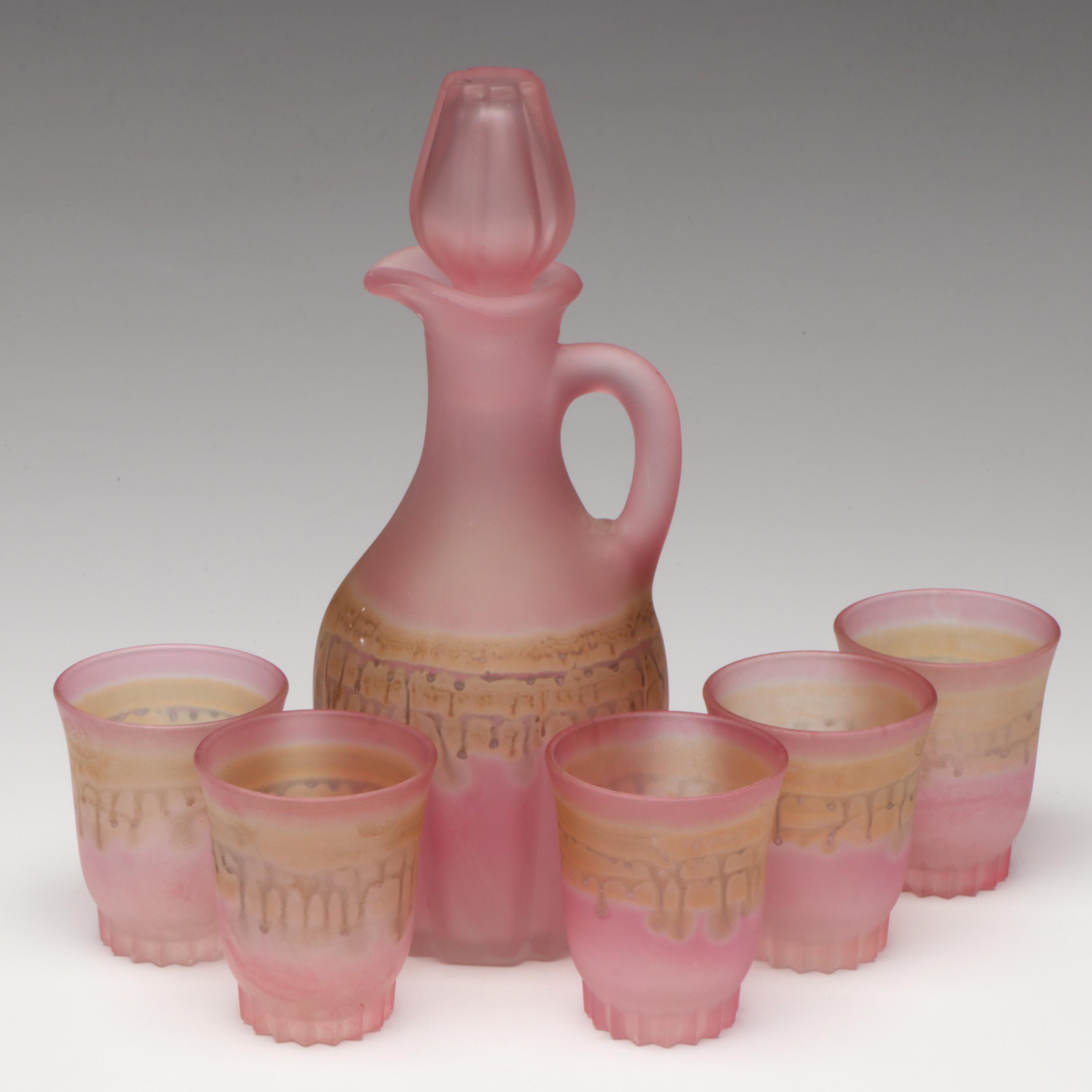 Painted Pink Satin Glass Decanter Set