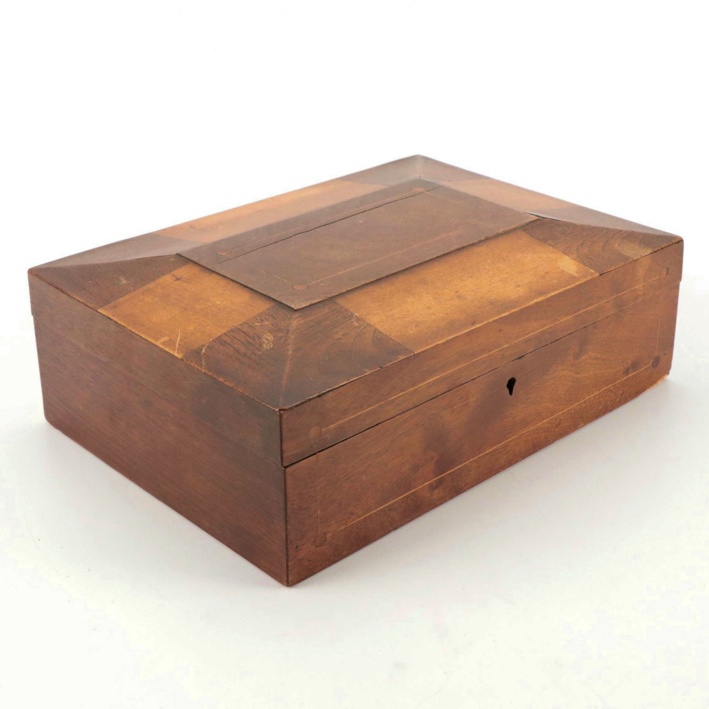 Shaker Style Mahogany and Mixed Wood Inlaid Jewelry Box, 19th Century