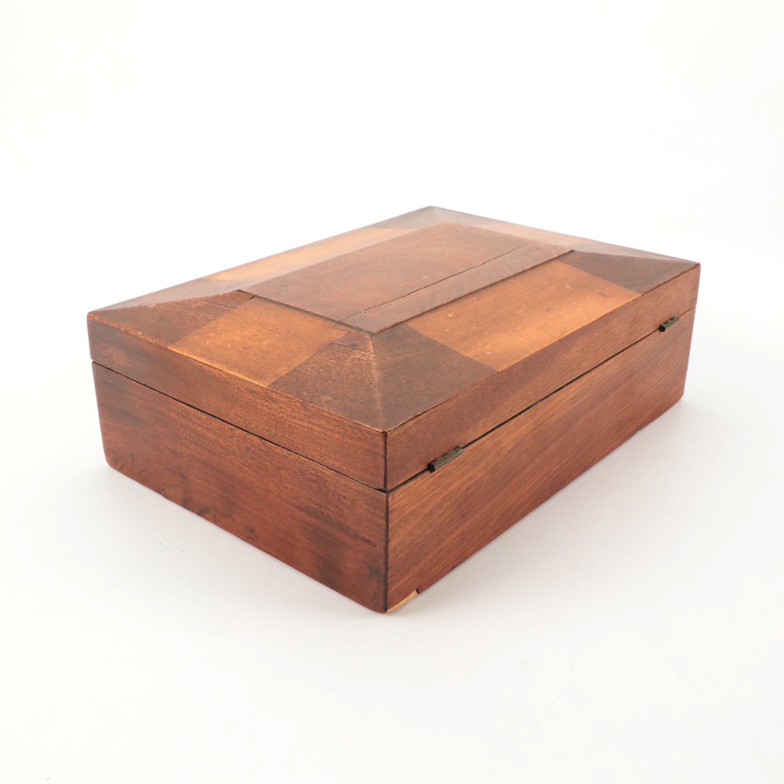 Shaker Style Mahogany and Mixed Wood Inlaid Jewelry Box, 19th Century