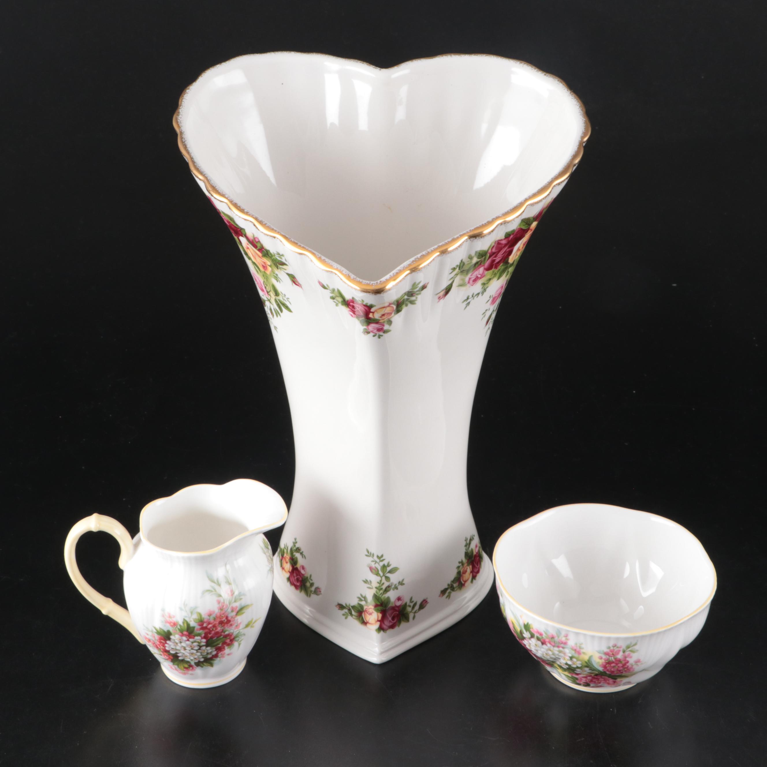 Royal Albert "Old Country Roses" Vase with "Blossom Time" Creamer and Sugar