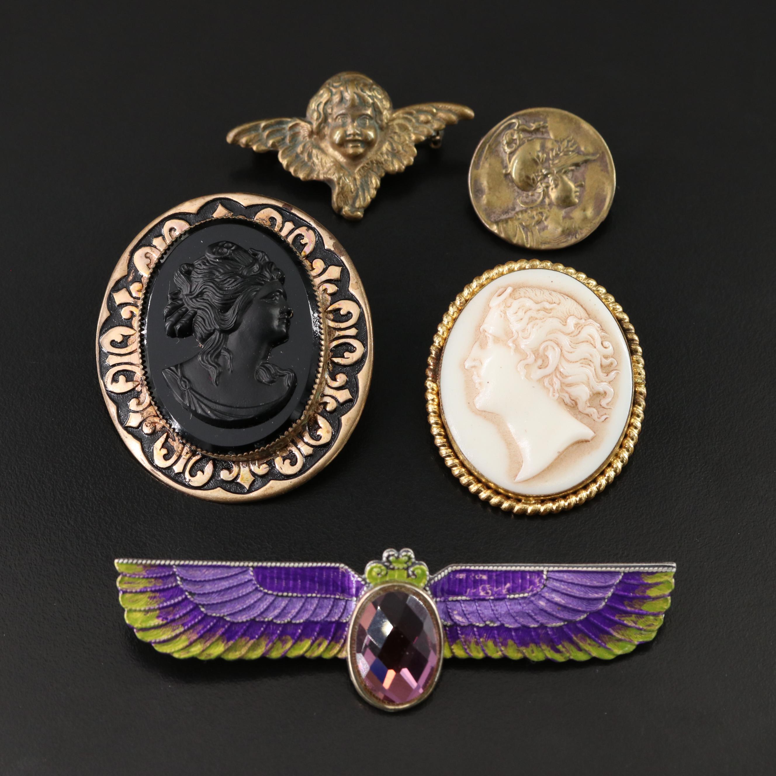Brooch Collection Including Cameo and Art Nouveau Athena