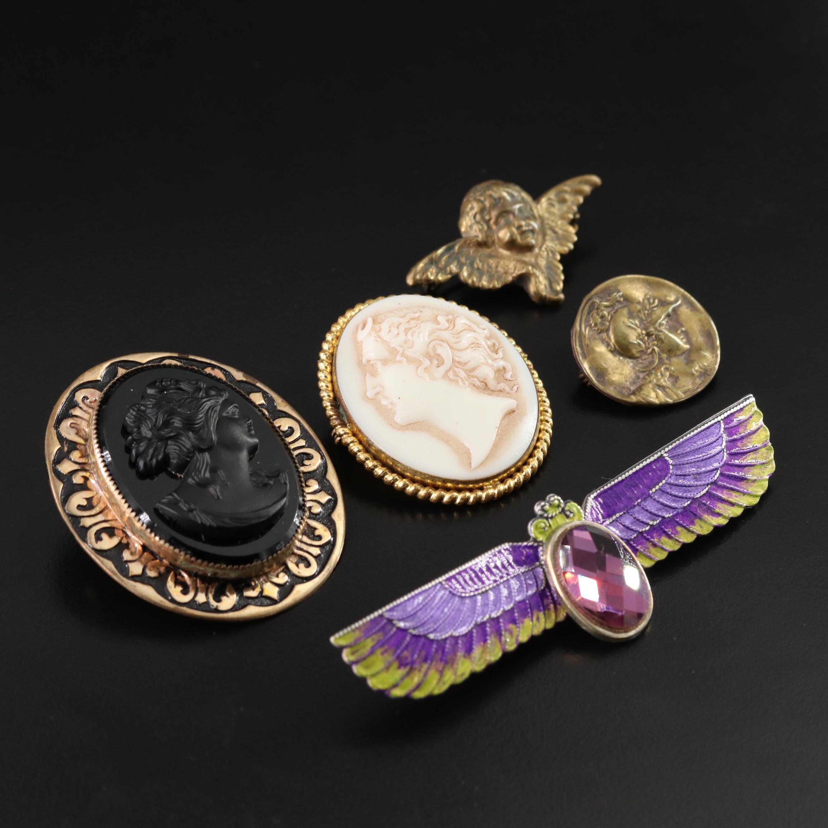 Brooch Collection Including Cameo and Art Nouveau Athena