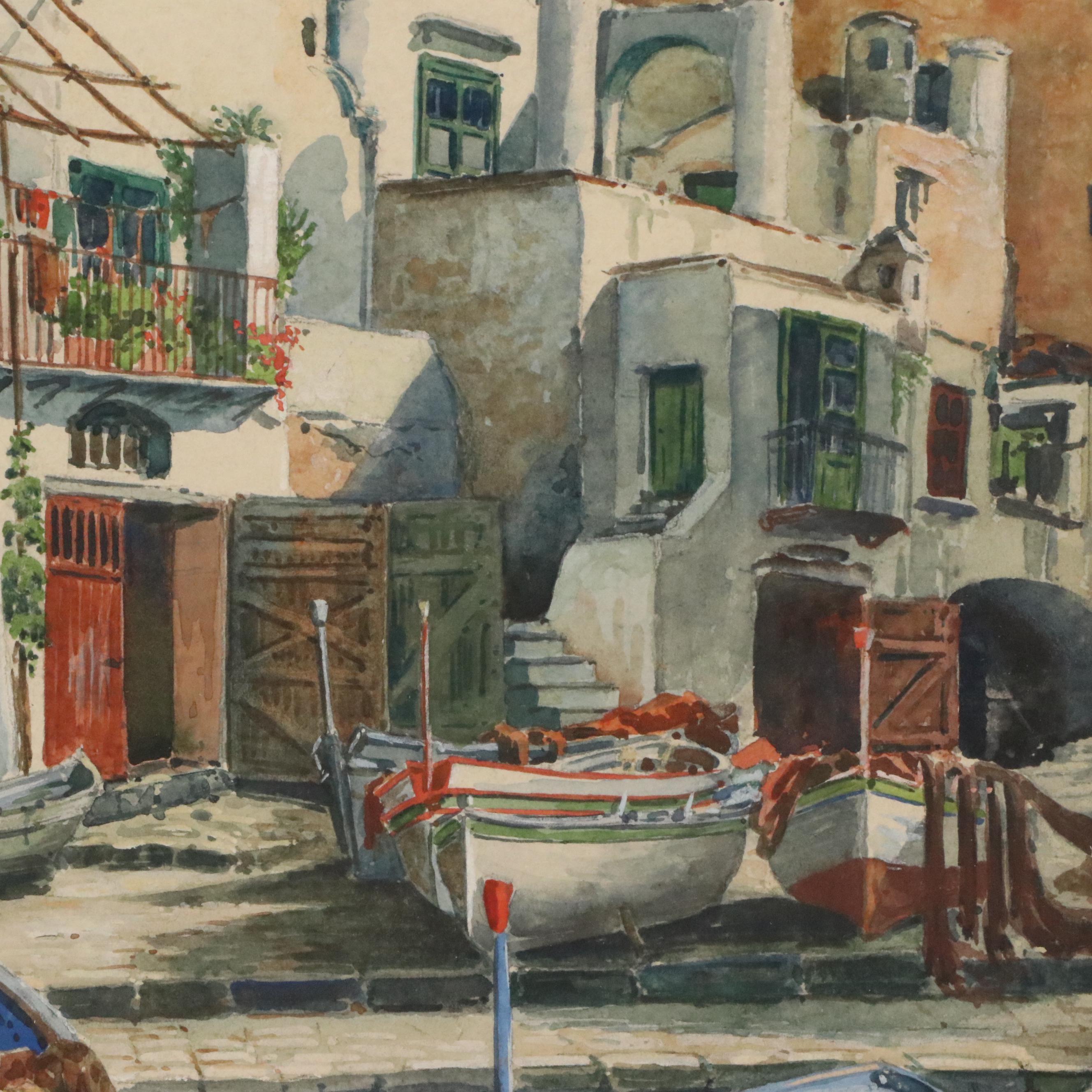 Paul Lameyer Watercolor Painting of Port Scene, Circa 1945