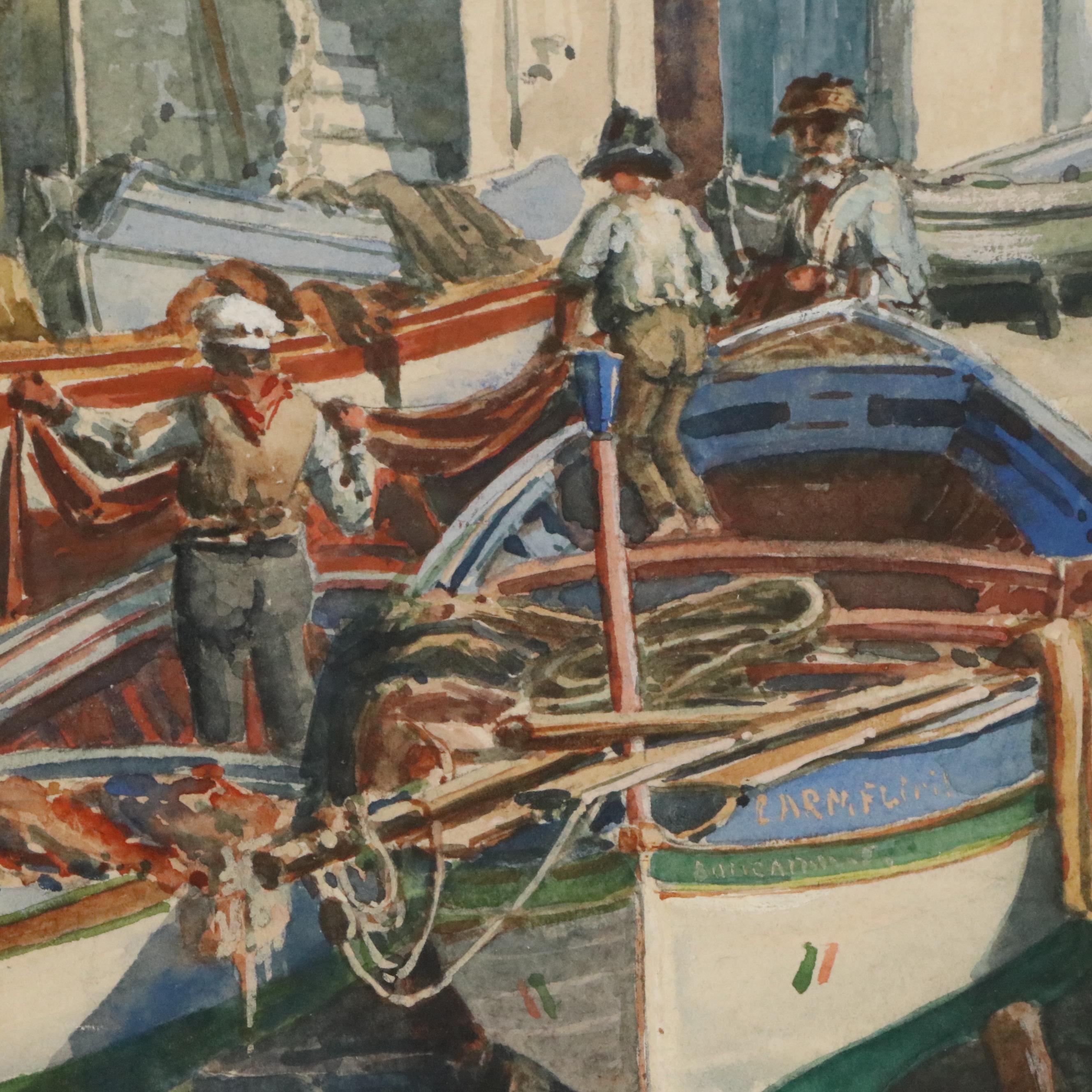 Paul Lameyer Watercolor Painting of Port Scene, Circa 1945