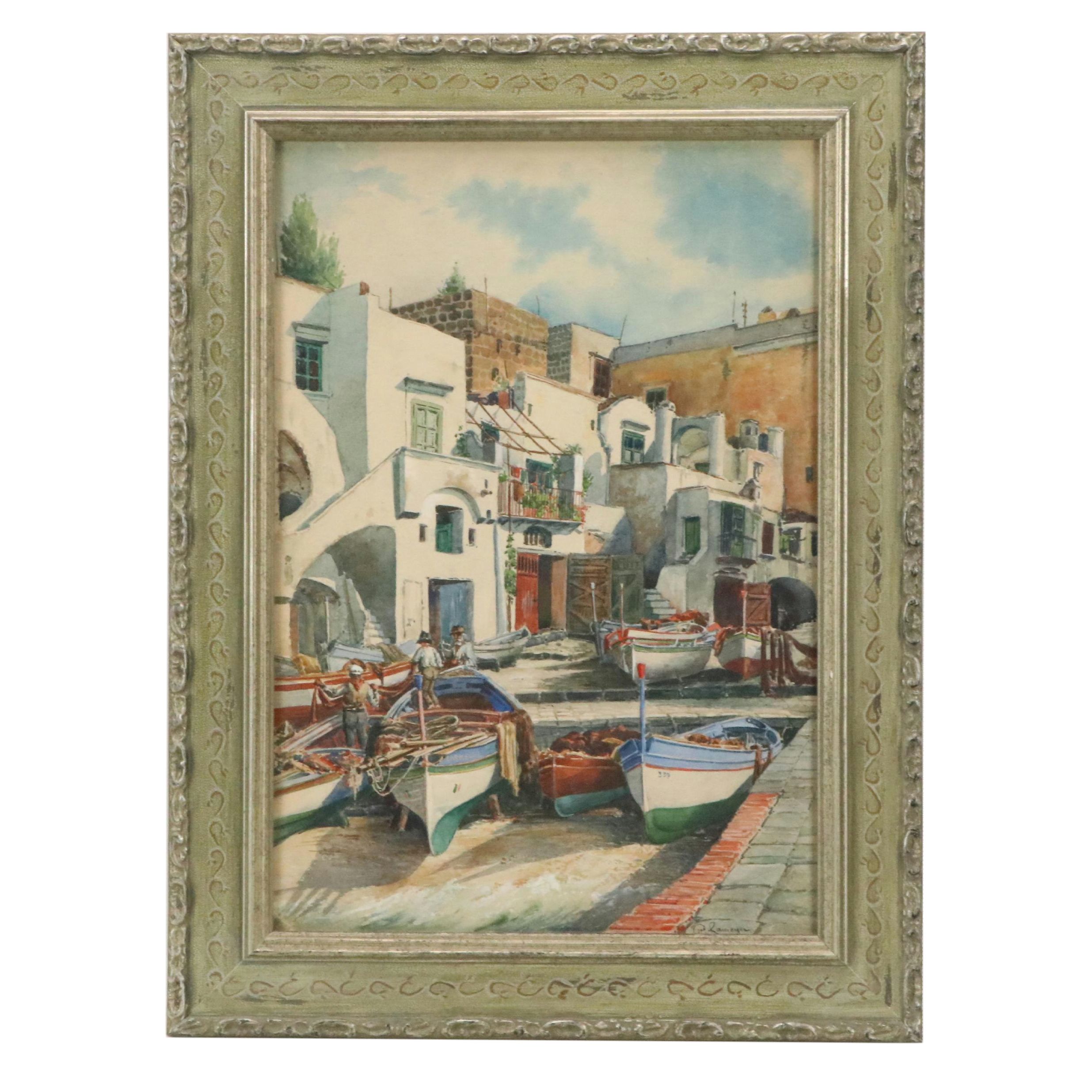 Paul Lameyer Watercolor Painting of Port Scene, Circa 1945