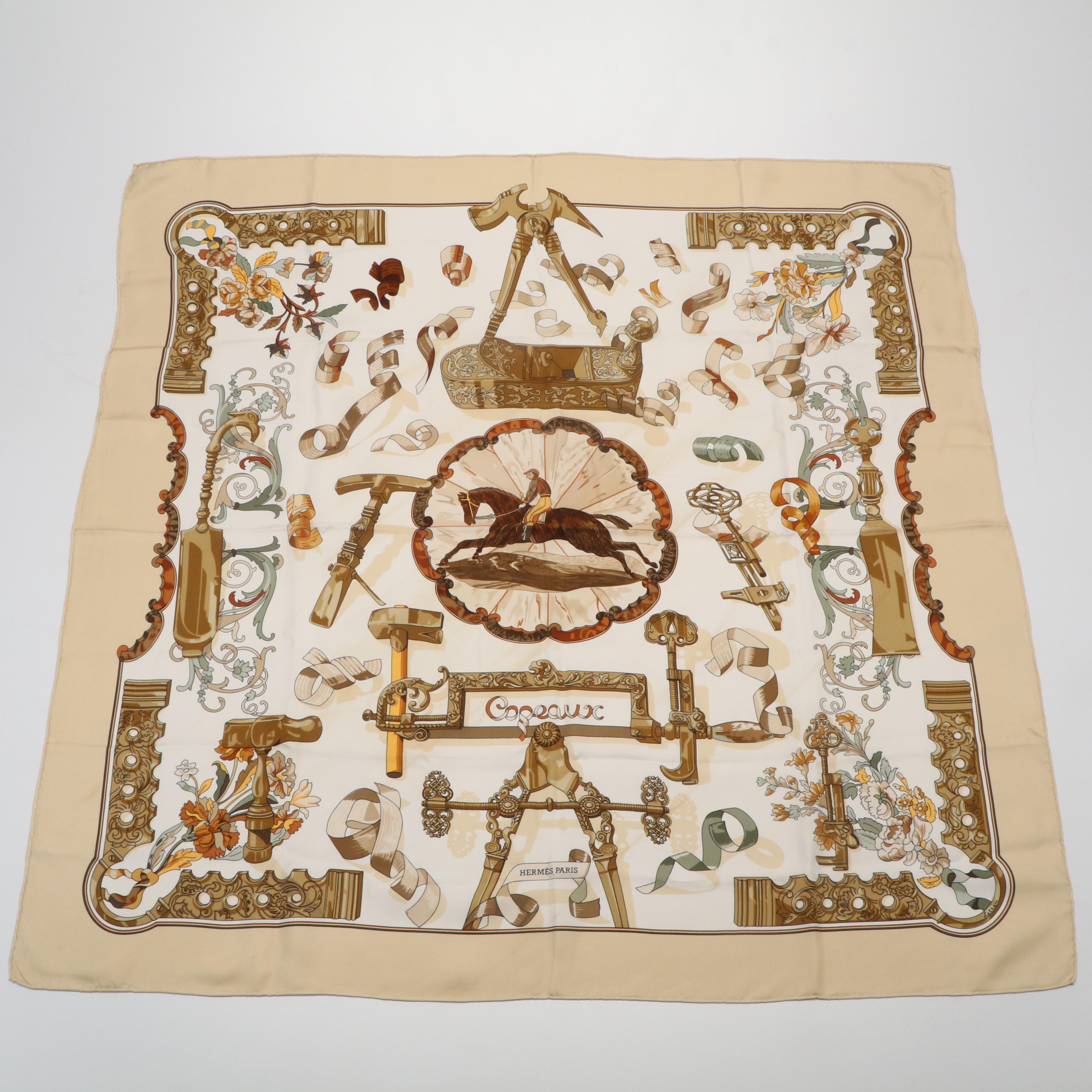 Hermès "Copeaux" Beige Multicolored Silk Scarf 90