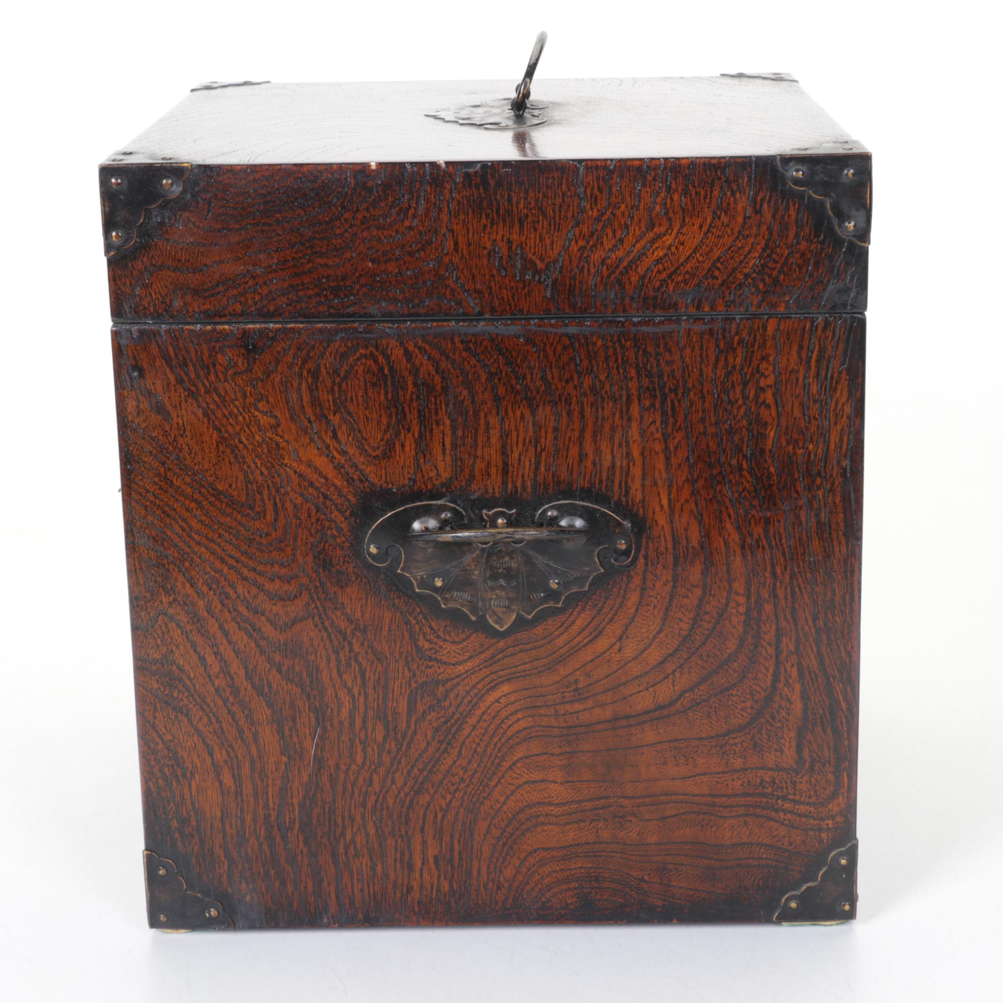 Chinese Wood Box with Bat Motif Hardware