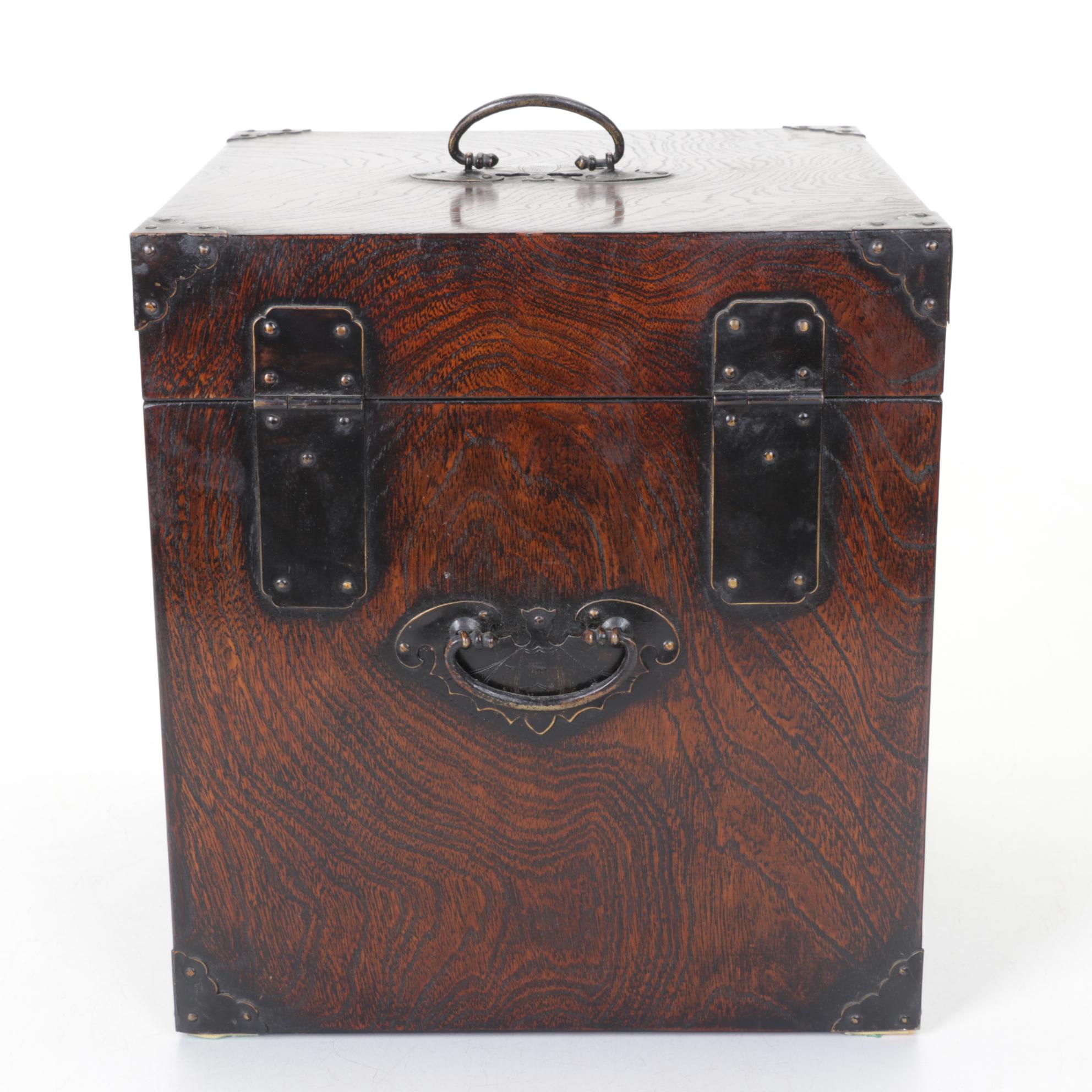 Chinese Wood Box with Bat Motif Hardware