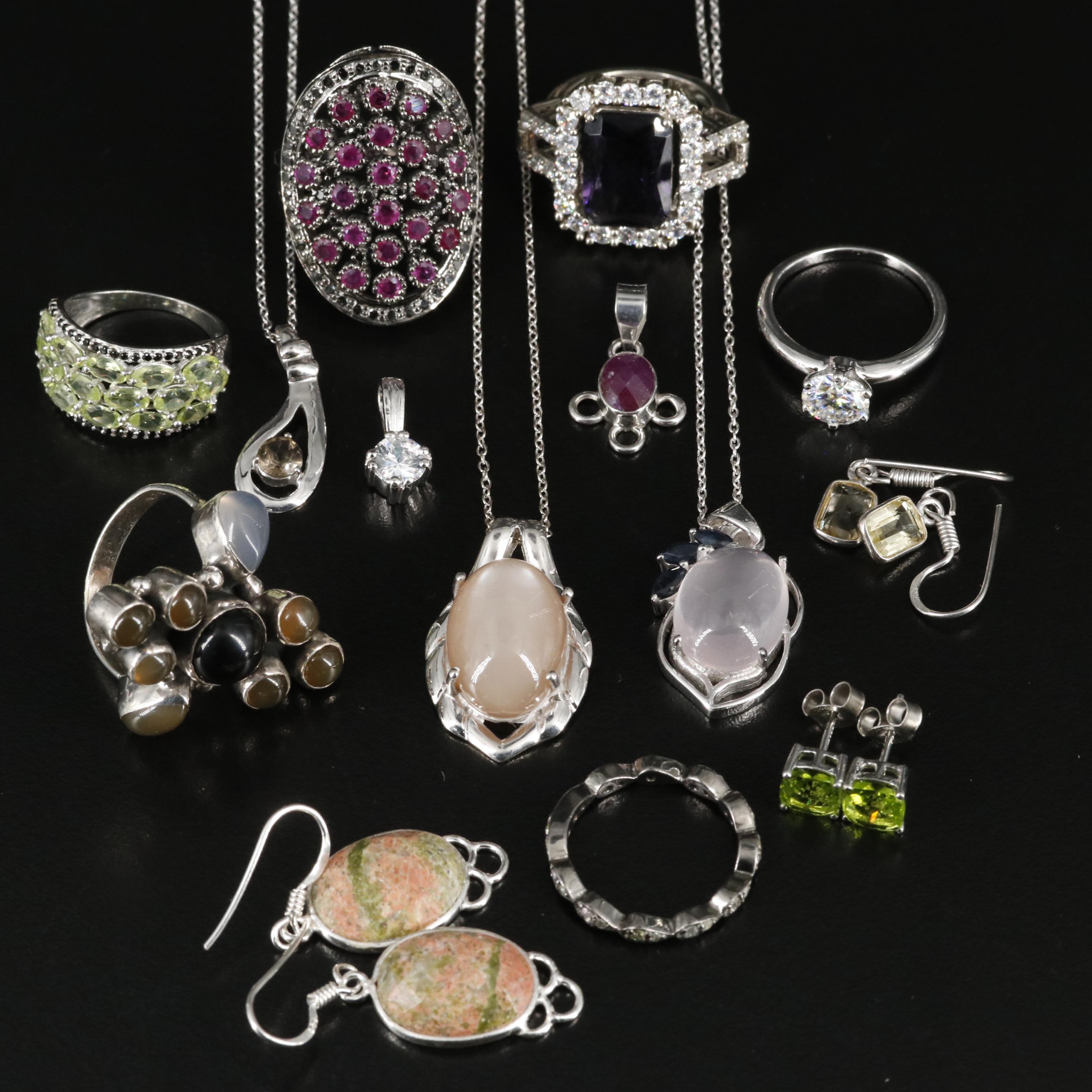 14 Assorted Sterling Silver Rings, Necklaces, Earrings, and Pendants