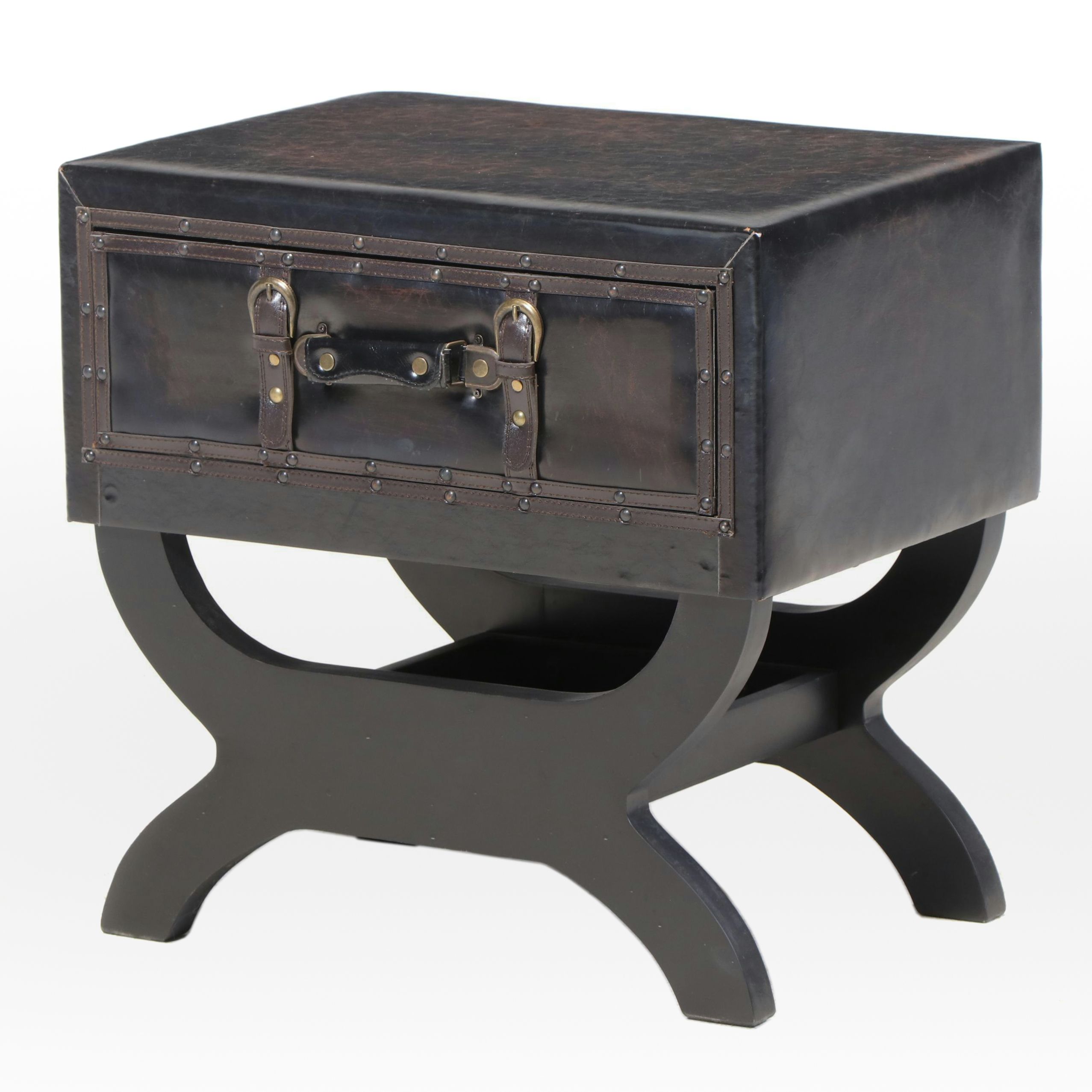 Contemporary Ebonized Wood and Faux-Leather Trunk-Form Side Table