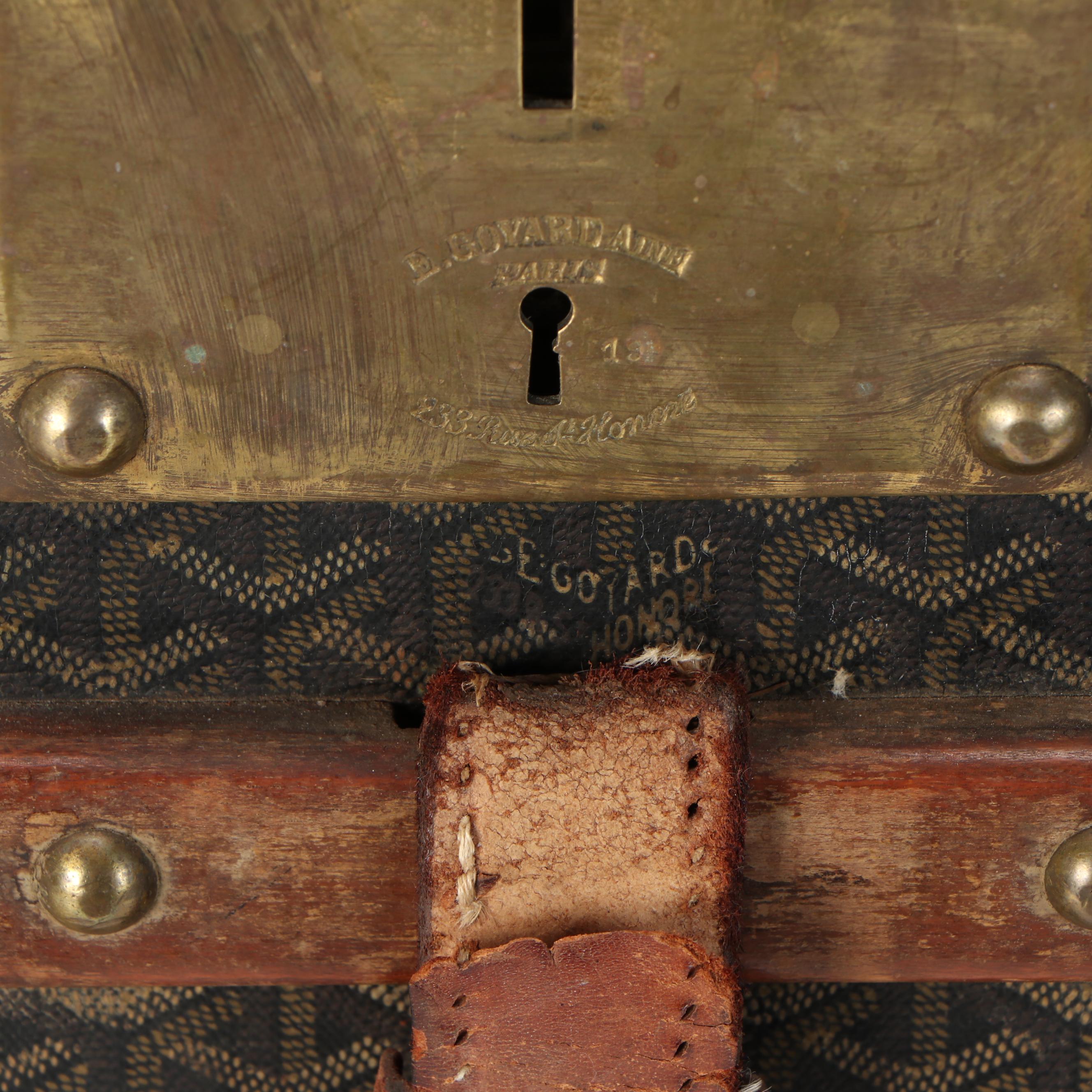 Antique Goyard Courier Style Trunk in Chevron Goyardine Canvas, Circa 1910