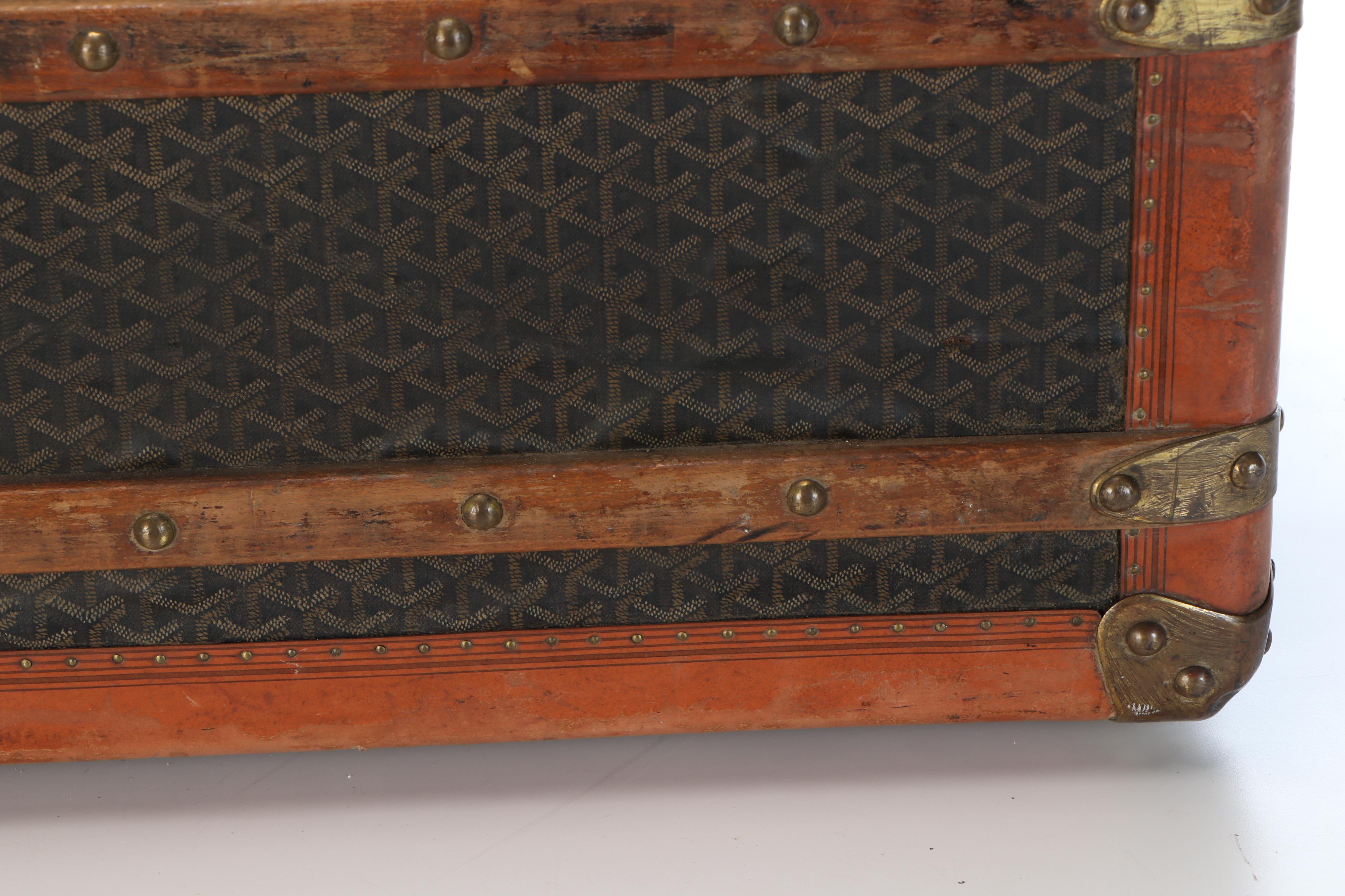 Antique Goyard Courier Style Trunk in Chevron Goyardine Canvas, Circa 1910