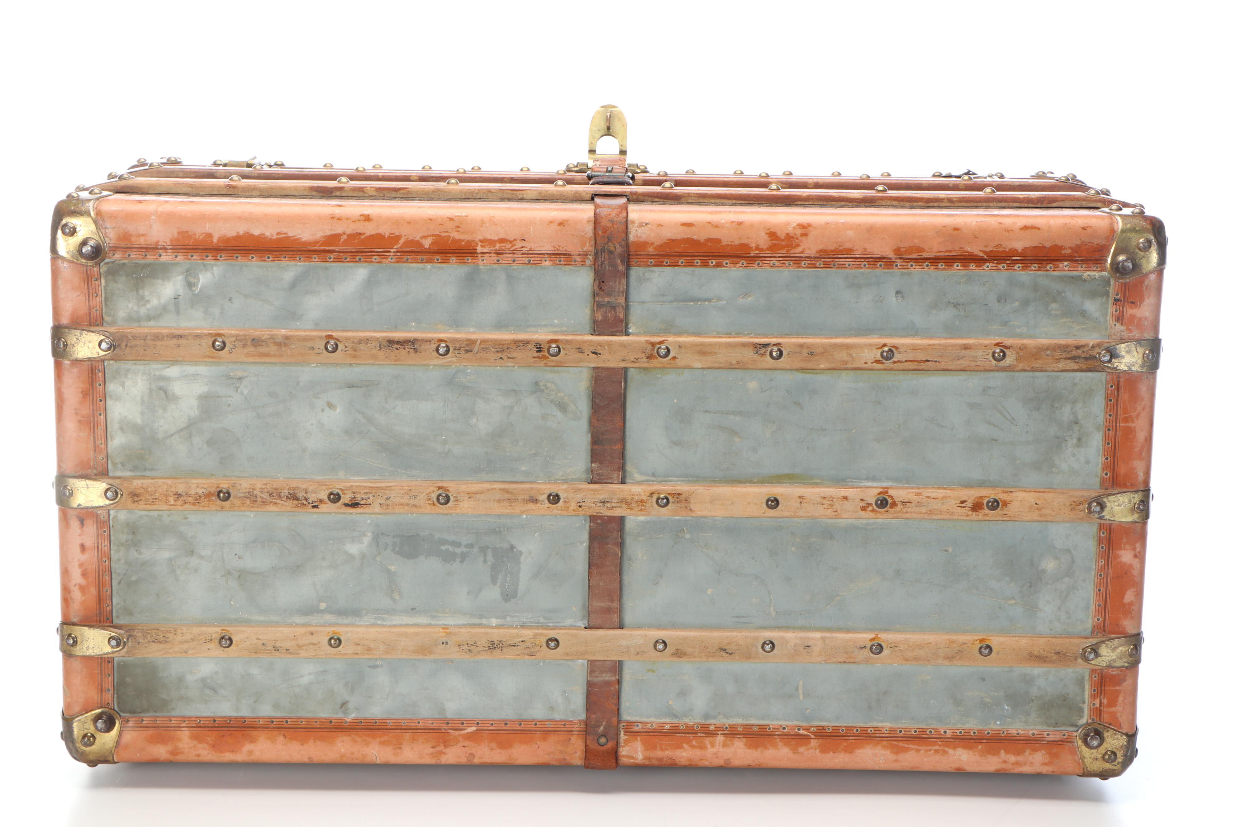 Antique Goyard Courier Style Trunk in Chevron Goyardine Canvas, Circa 1910