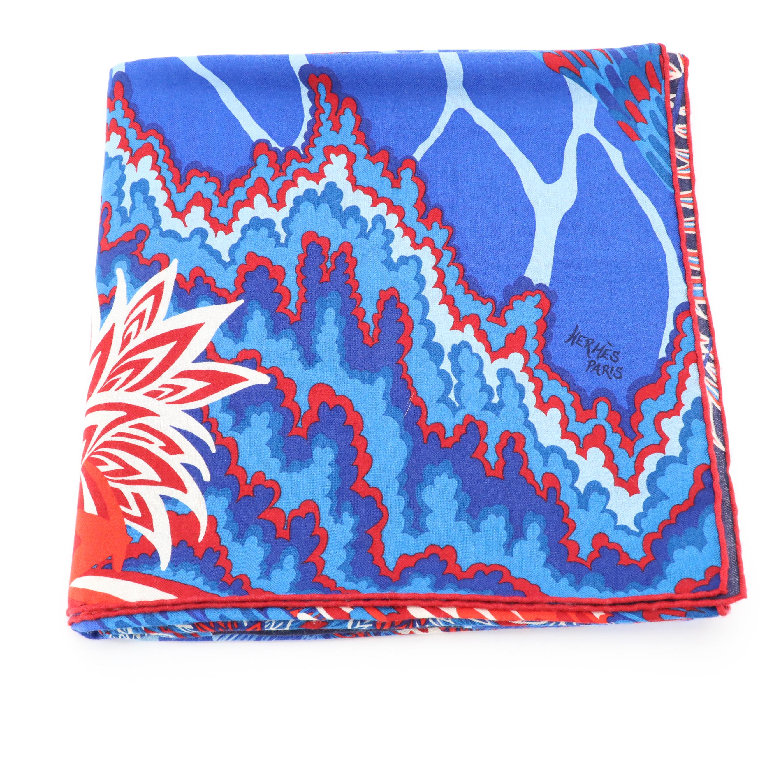 Hermès "The Three Graces" Shawl 140 in Blue/Red Cashmere and Silk Blend