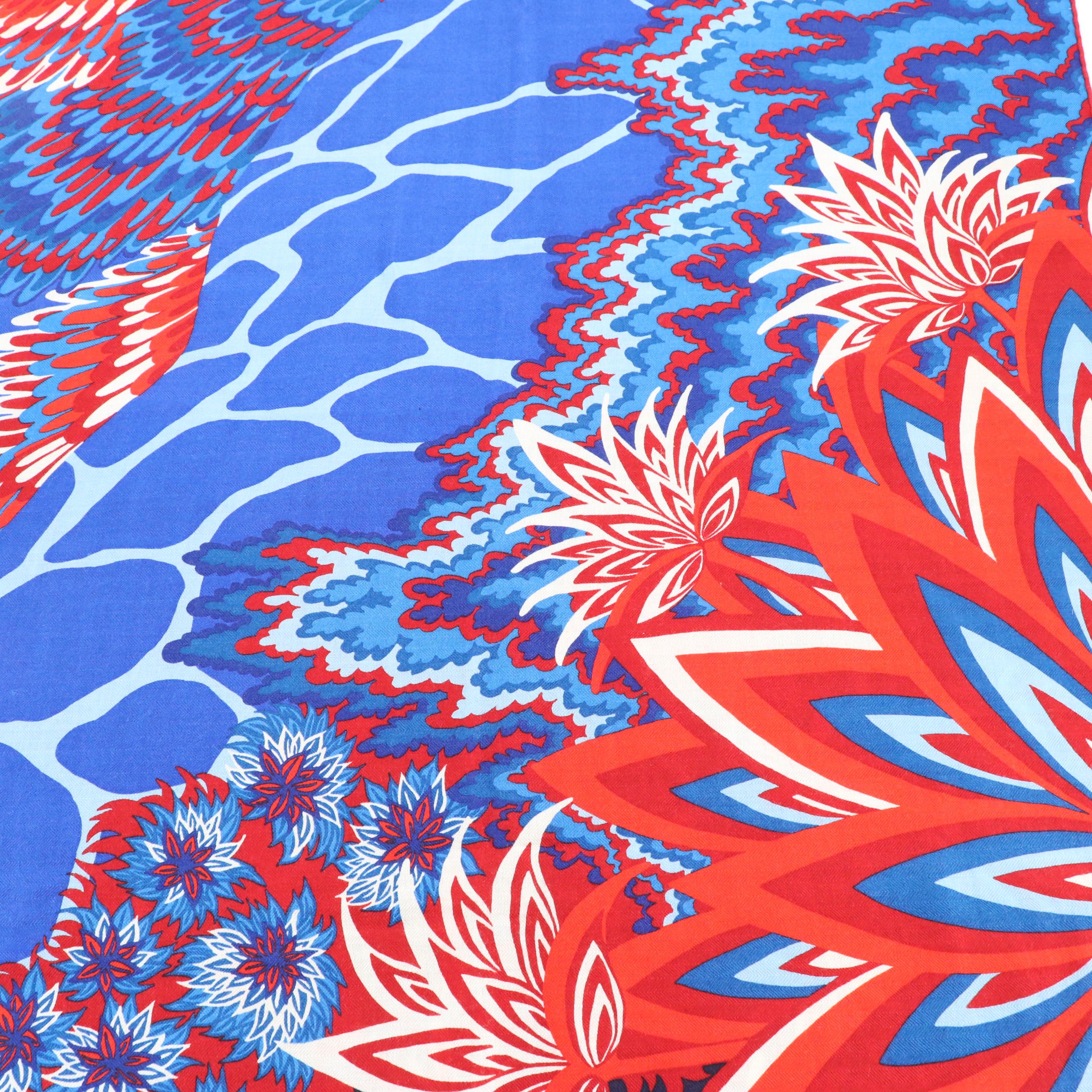 Hermès "The Three Graces" Shawl 140 in Blue/Red Cashmere and Silk Blend