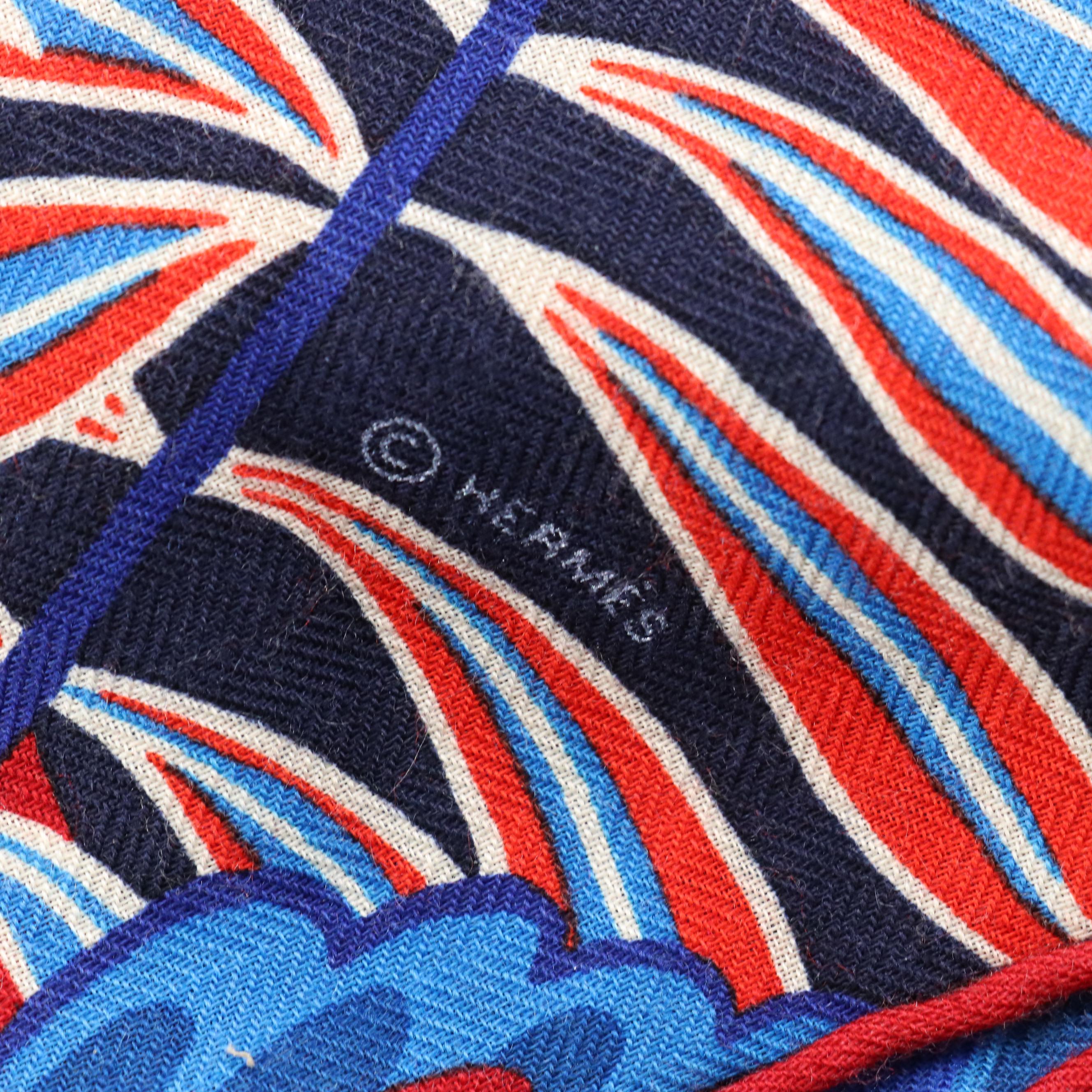 Hermès "The Three Graces" Shawl 140 in Blue/Red Cashmere and Silk Blend