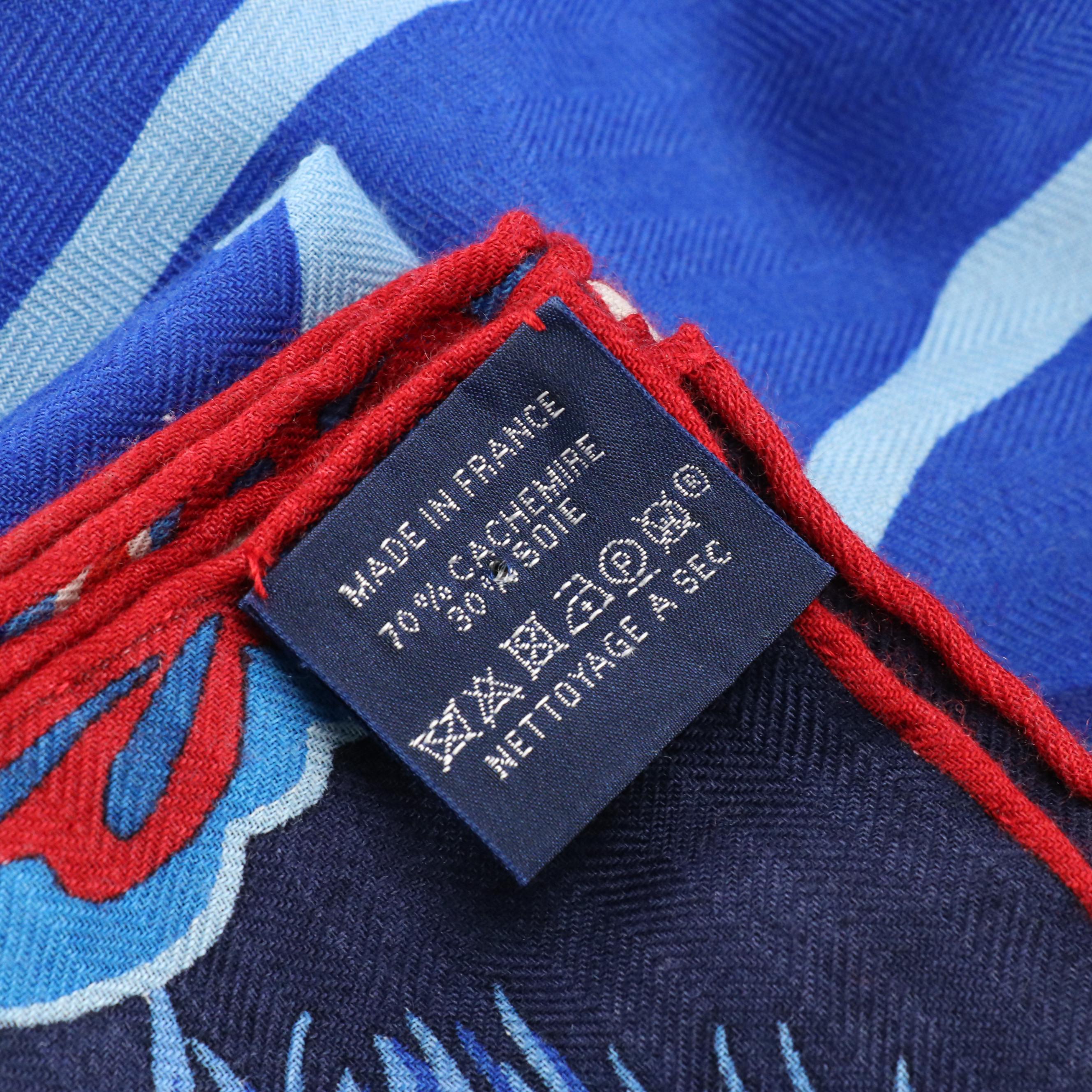 Hermès "The Three Graces" Shawl 140 in Blue/Red Cashmere and Silk Blend