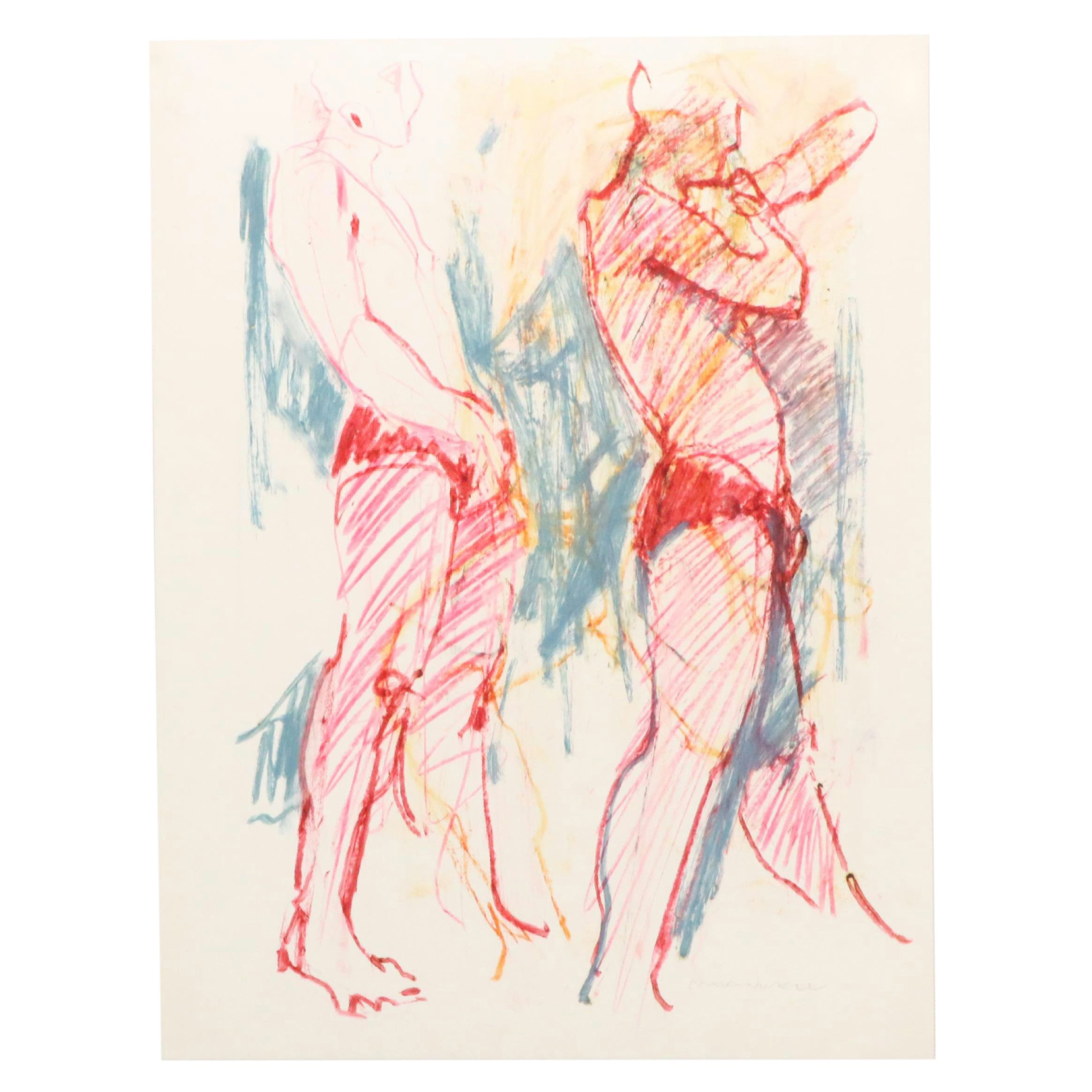 Jack Meanwell Figural Modern Oil Pastel Drawing, Late 20th Century