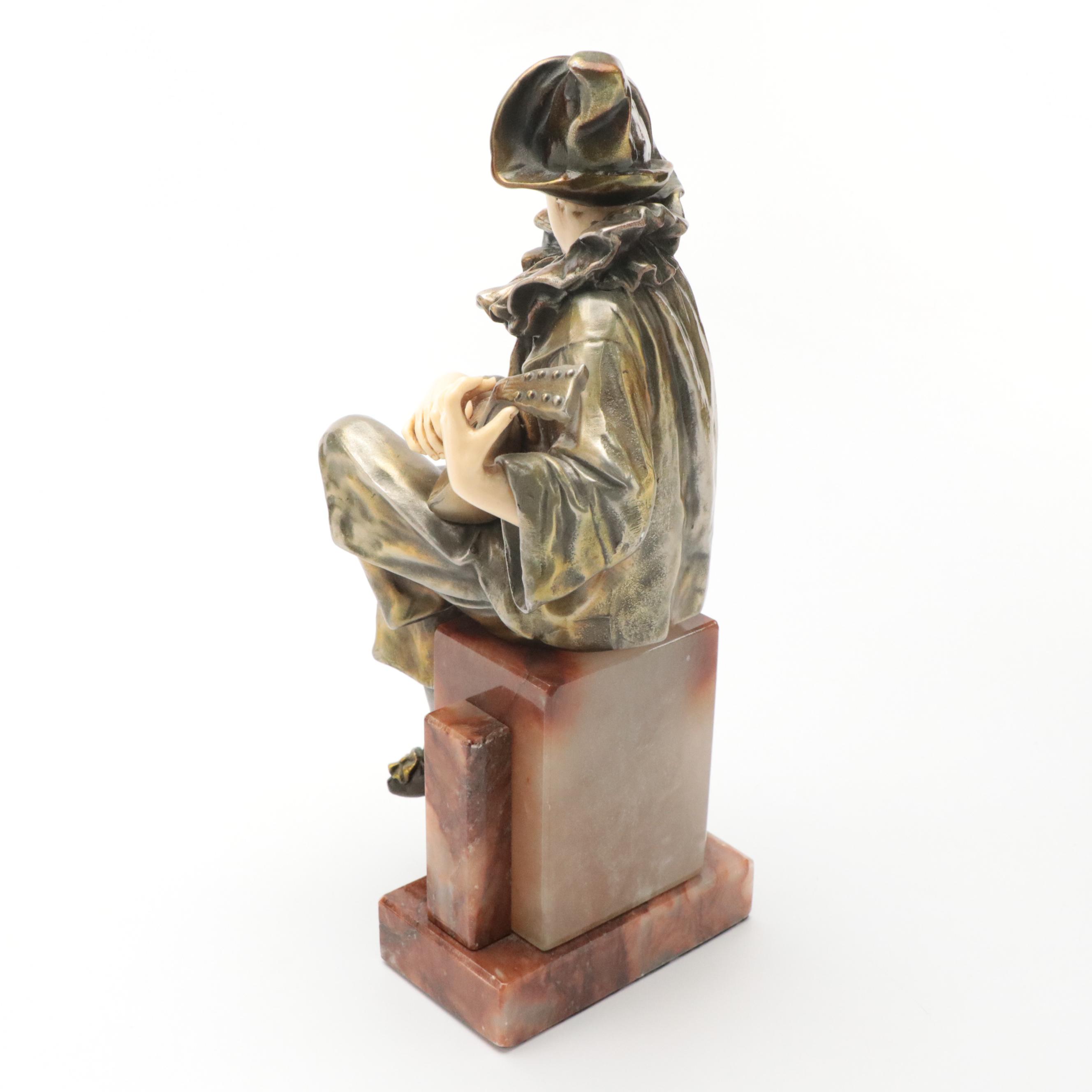 Art Deco Style Metal and Resin Sculpture of Harlequin with Mandolin