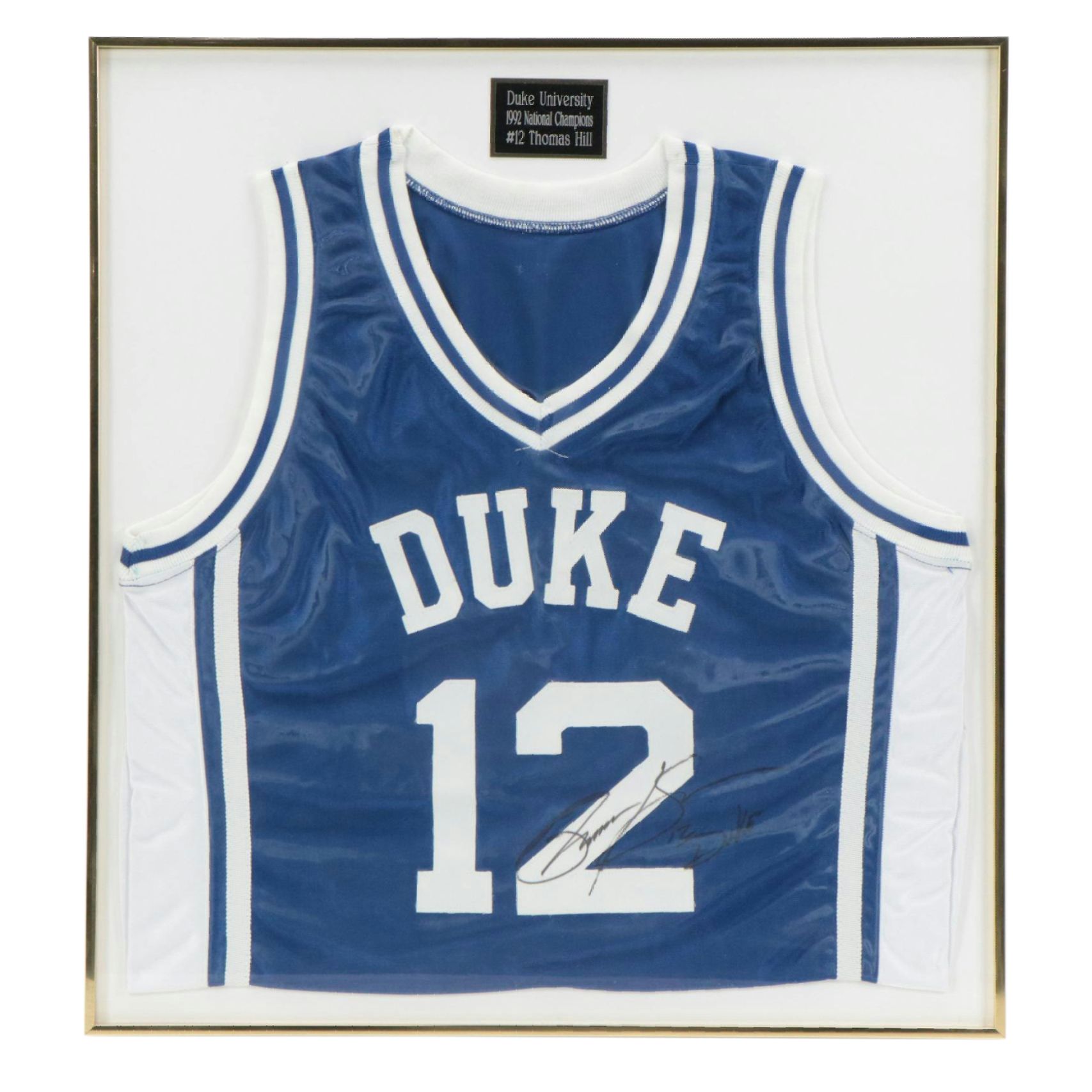 Thomas Hill Signed Duke University Basketball Jersey with Display