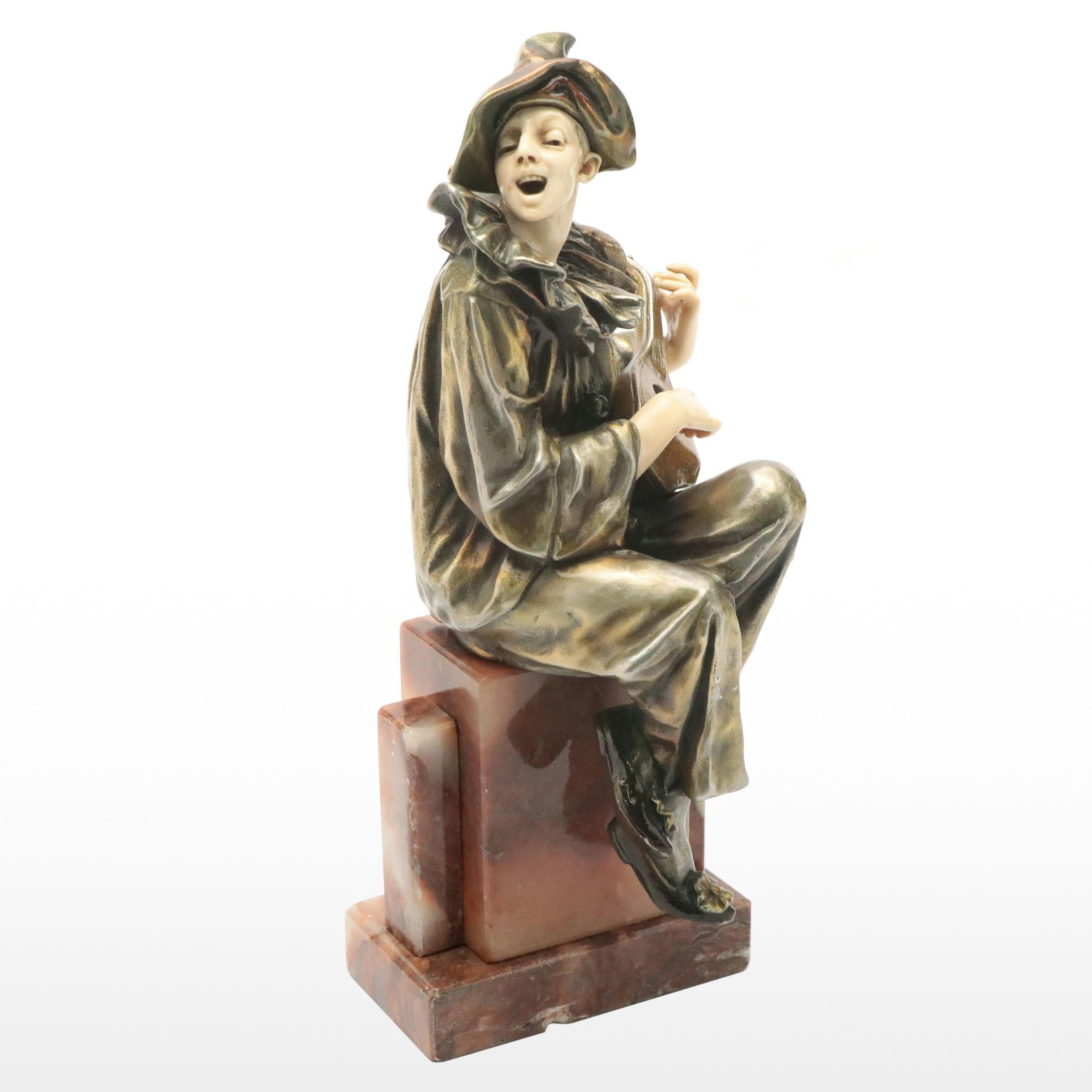 Art Deco Style Metal and Resin Sculpture of Harlequin with Mandolin