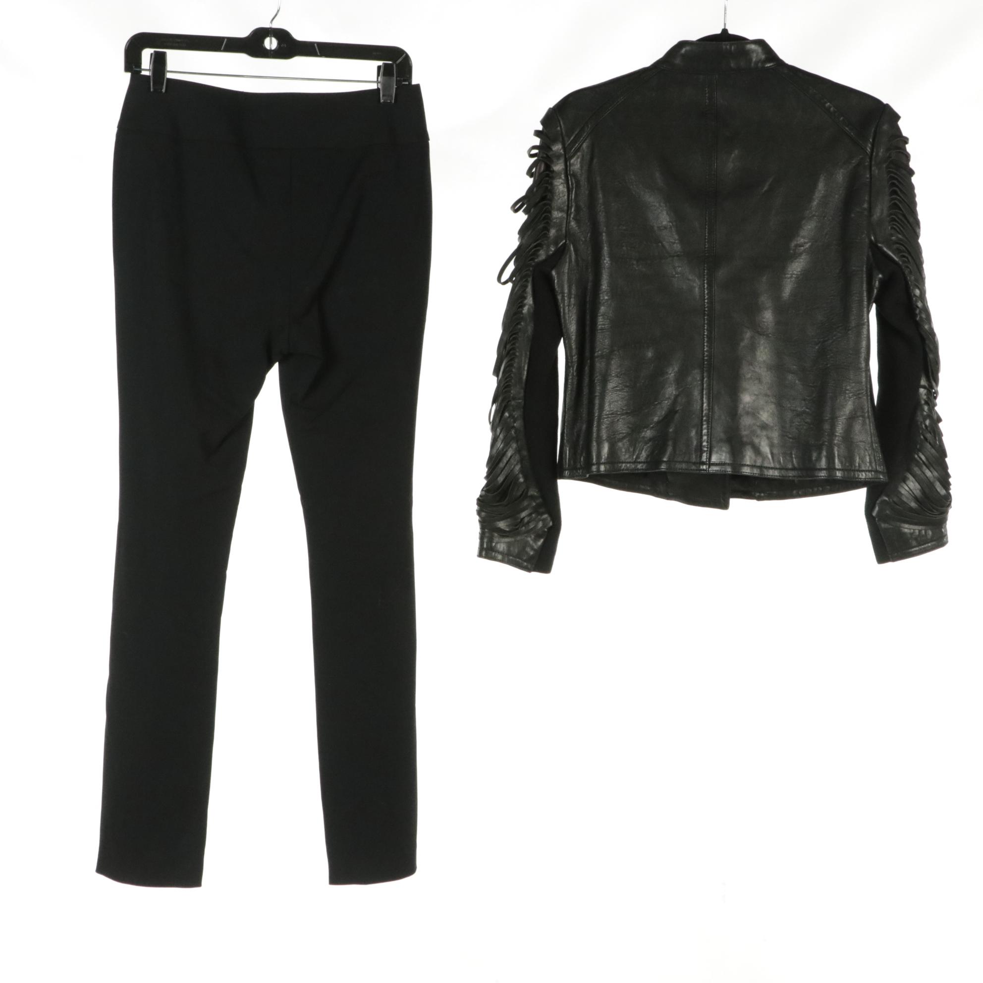 Yigal Azrouël Black Lambskin Leather Fringe Moto Jacket and Black Trousers