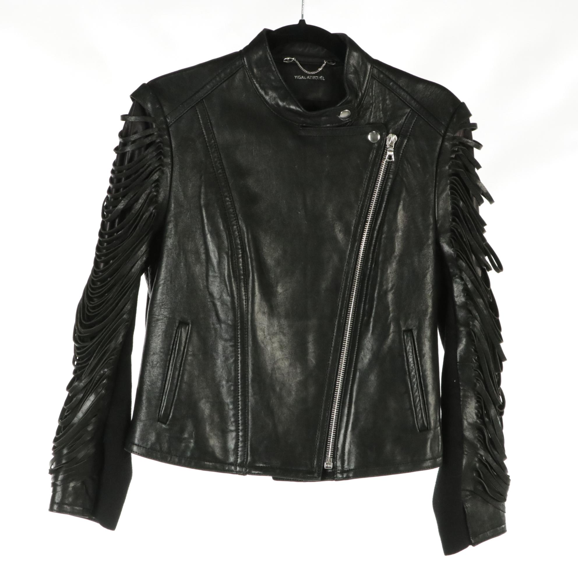 Yigal Azrouël Black Lambskin Leather Fringe Moto Jacket and Black Trousers
