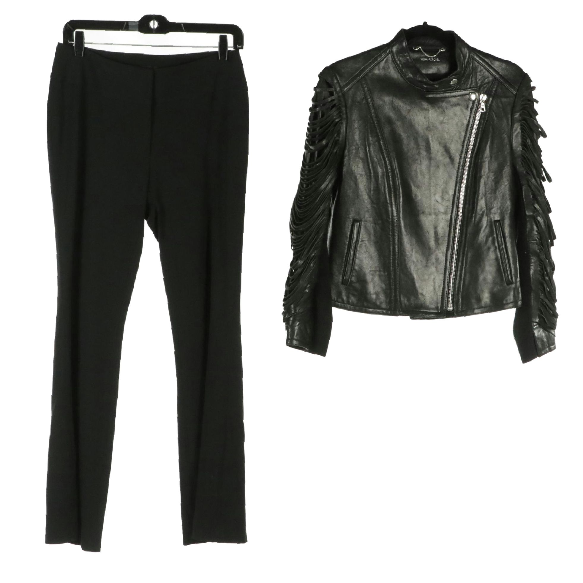 Yigal Azrouël Black Lambskin Leather Fringe Moto Jacket and Black Trousers