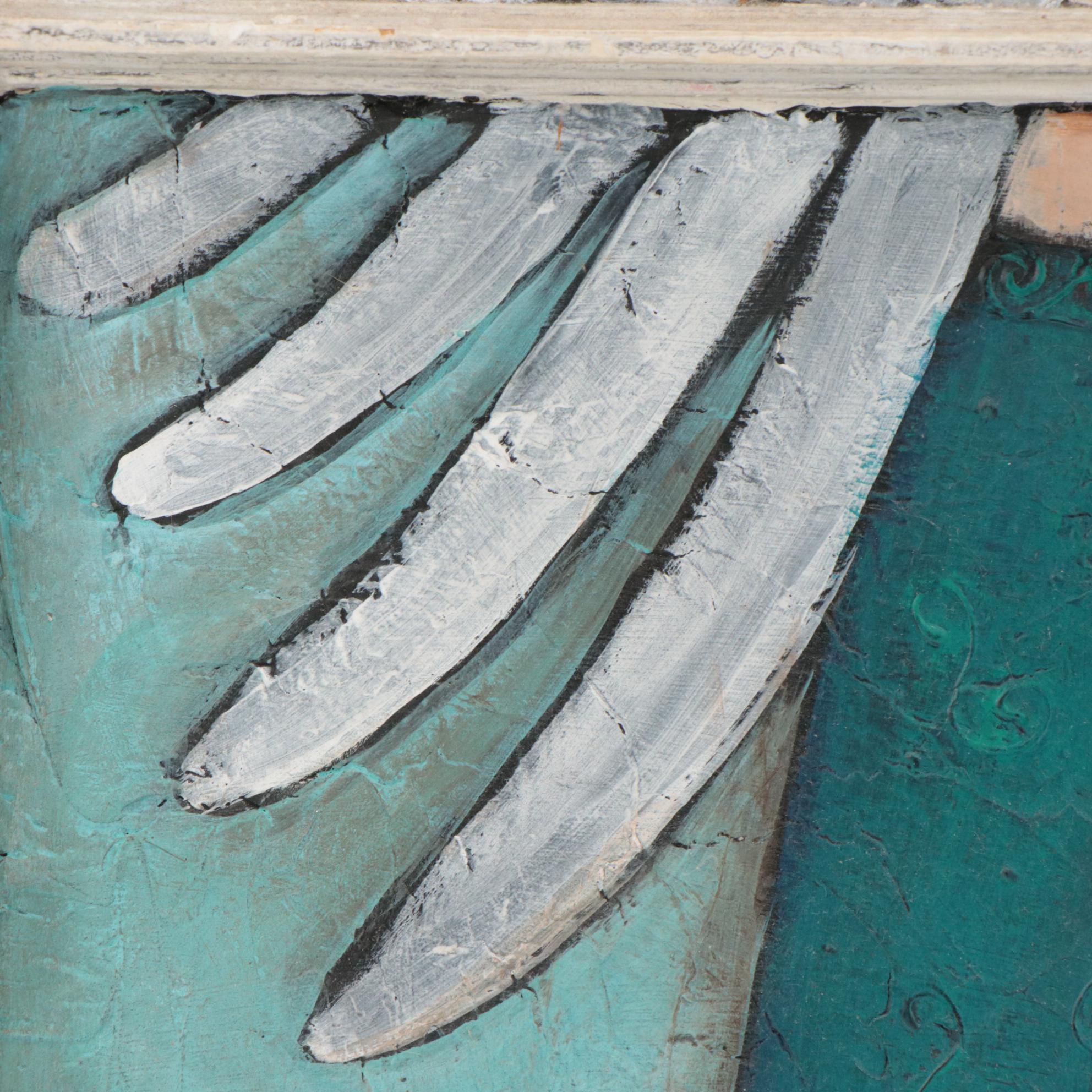 L. Crum Acrylic Angel Painting on Window Frame, Circa 2005