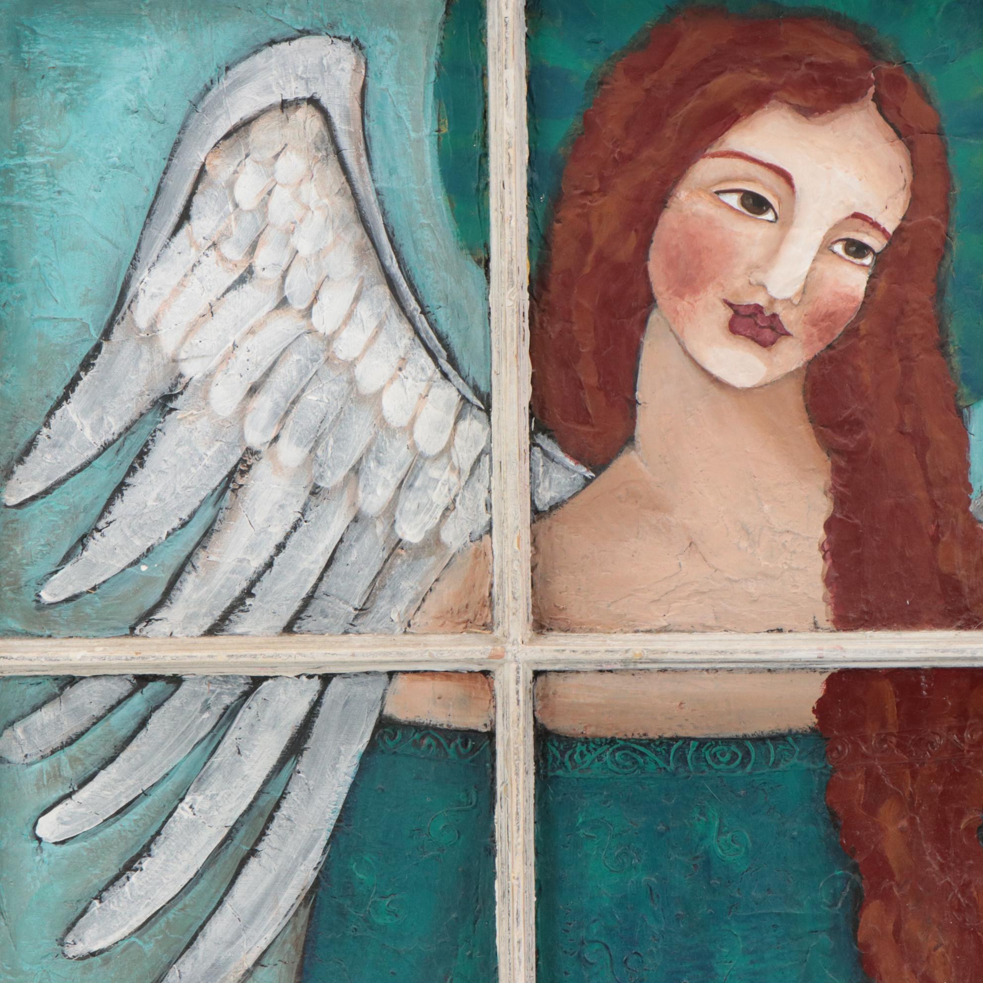 L. Crum Acrylic Angel Painting on Window Frame, Circa 2005