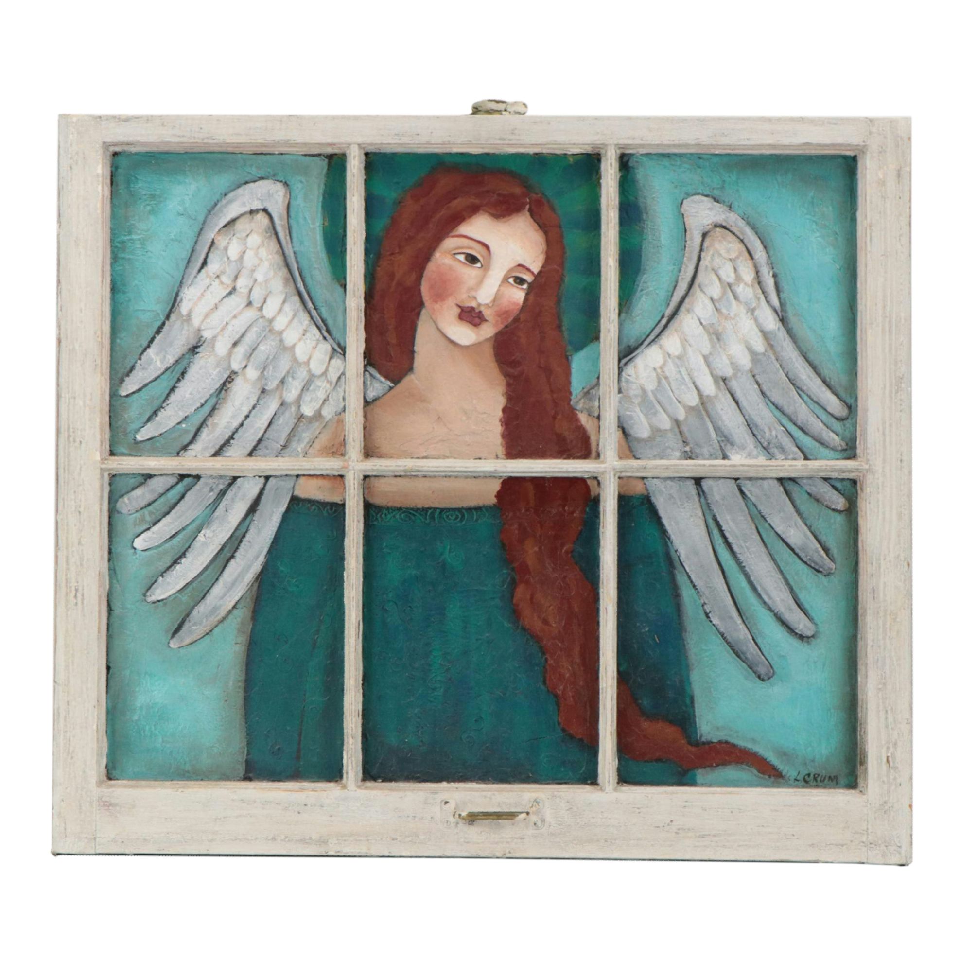 L. Crum Acrylic Angel Painting on Window Frame, Circa 2005