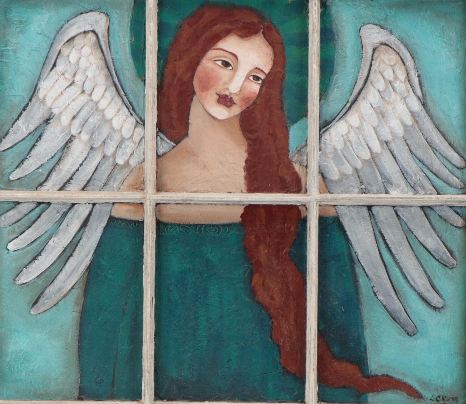 L. Crum Acrylic Angel Painting on Window Frame, Circa 2005