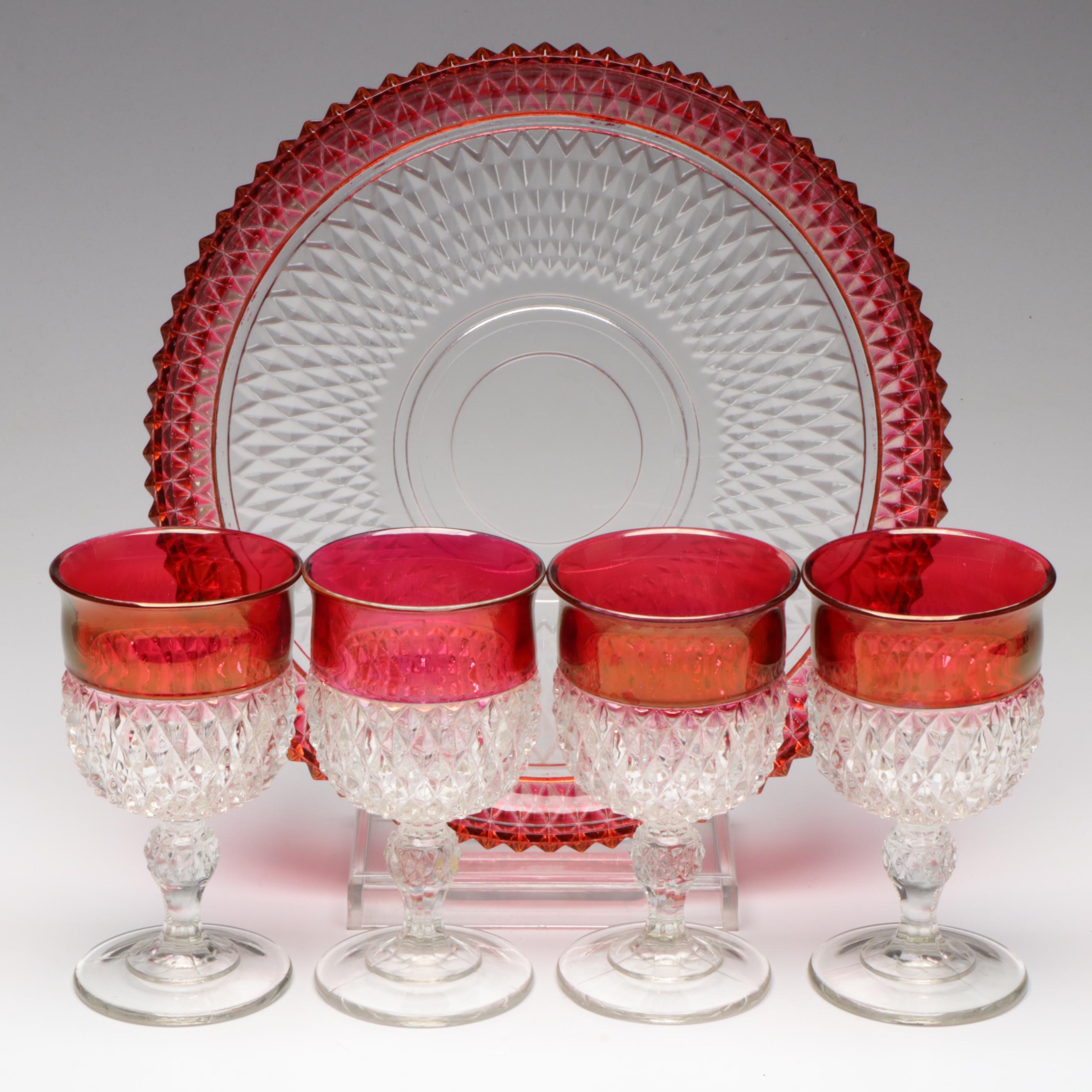 Indiana Glass "Diamond Point Ruby" Glass Water Goblets and Torte Plate