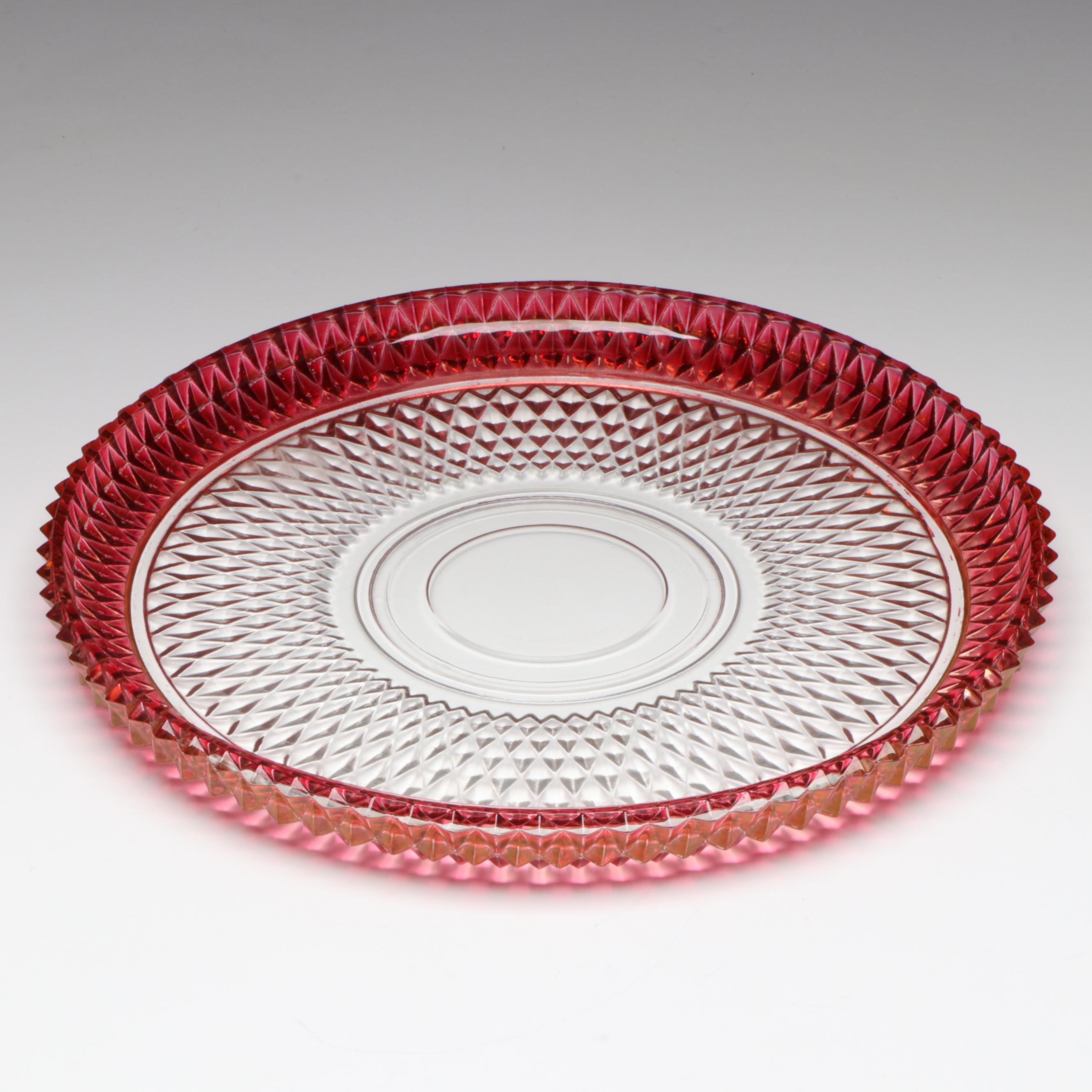 Indiana Glass "Diamond Point Ruby" Glass Water Goblets and Torte Plate